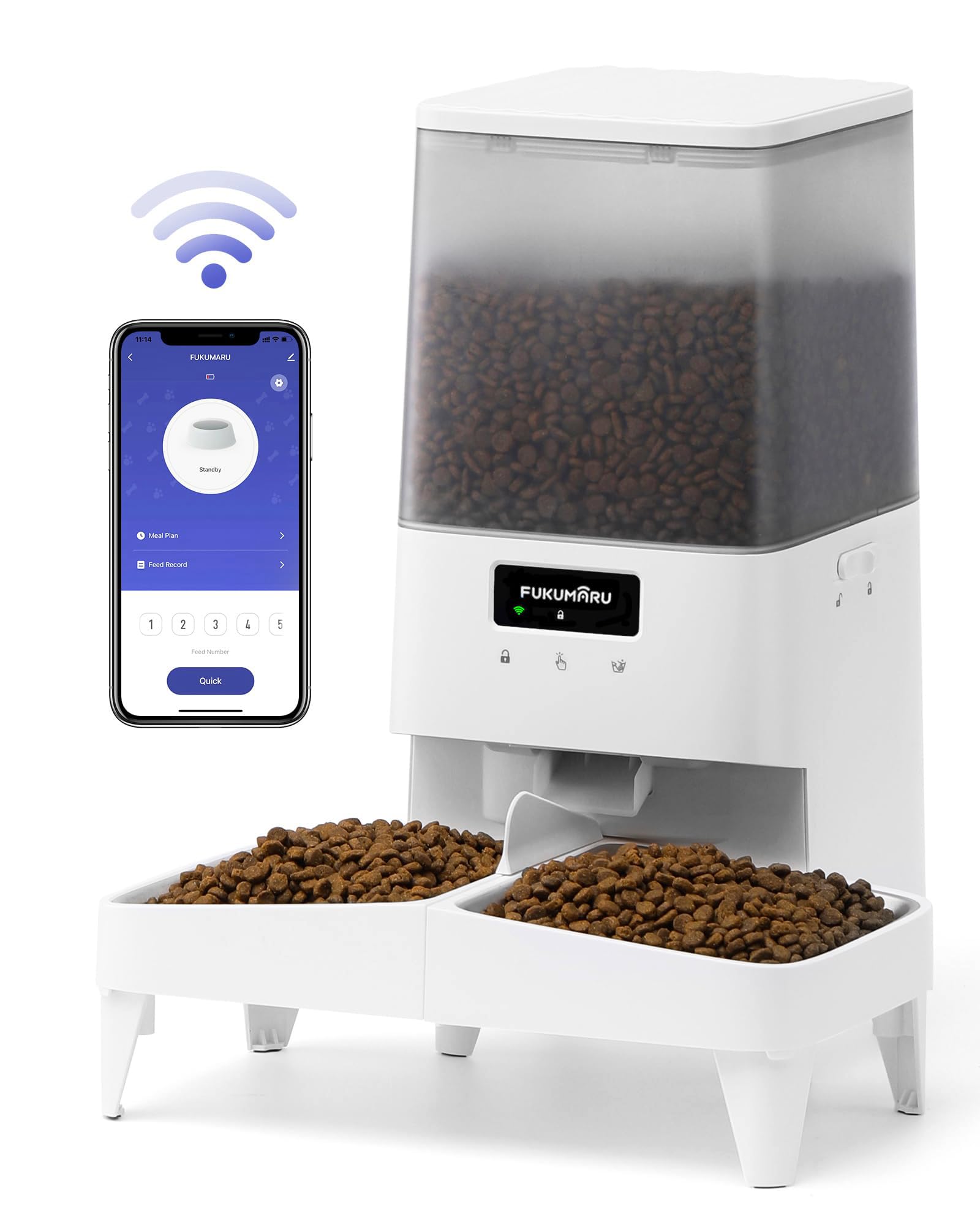 FUKUMARU Distributore Automatico Cibo per Gatti e Cani,5L,Distributore con 2 Ciotole Rialzate in Acciaio 304, Ciotola Elevata Sano per il Collo dei Gatti, 10 Pasti/Giorno. Alimentazione Intelligente.