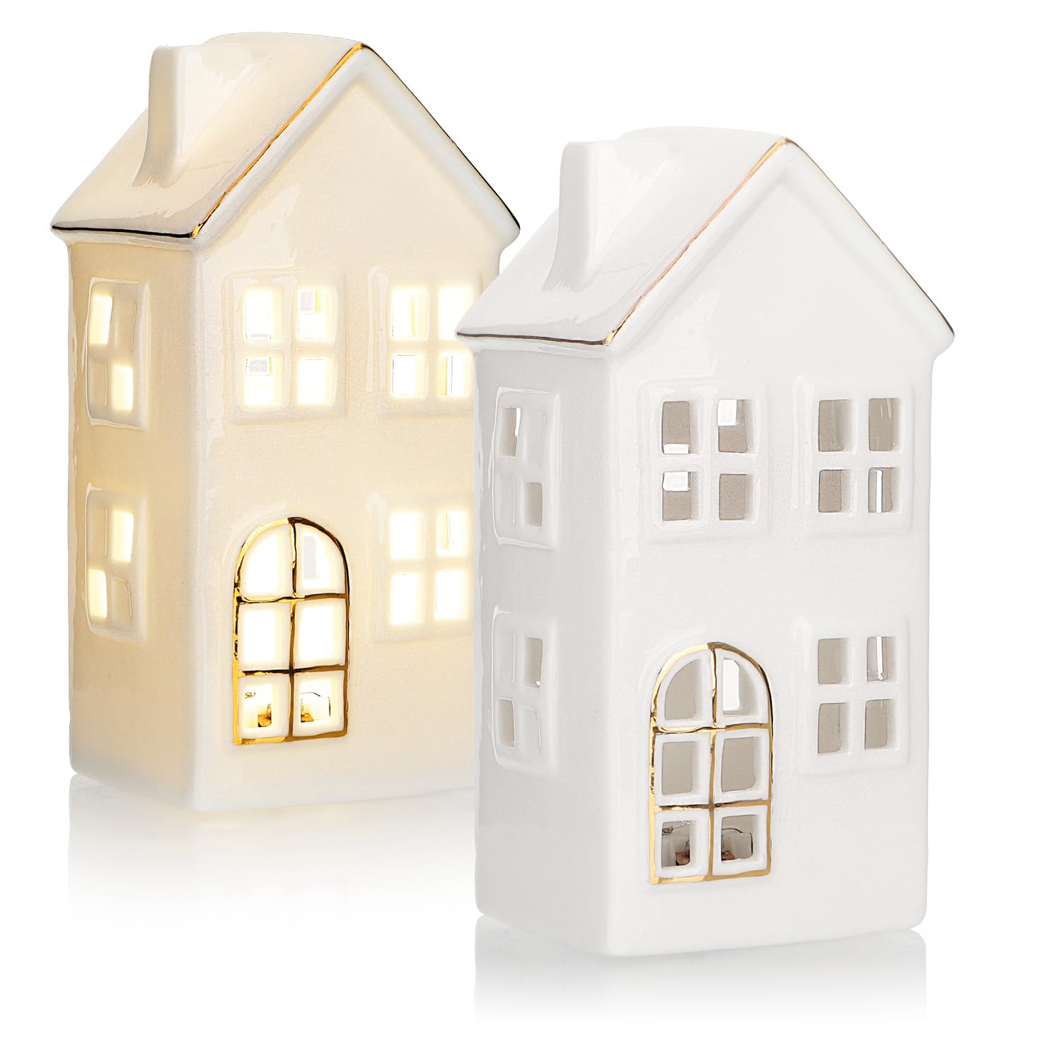 COM-FOUR® Domek LED z porcelany - latarnia na baterie - biala blyszczaca dekoracyjna latarnia do dekoracji zimowych i swiatecznych (Domek - 15cm)