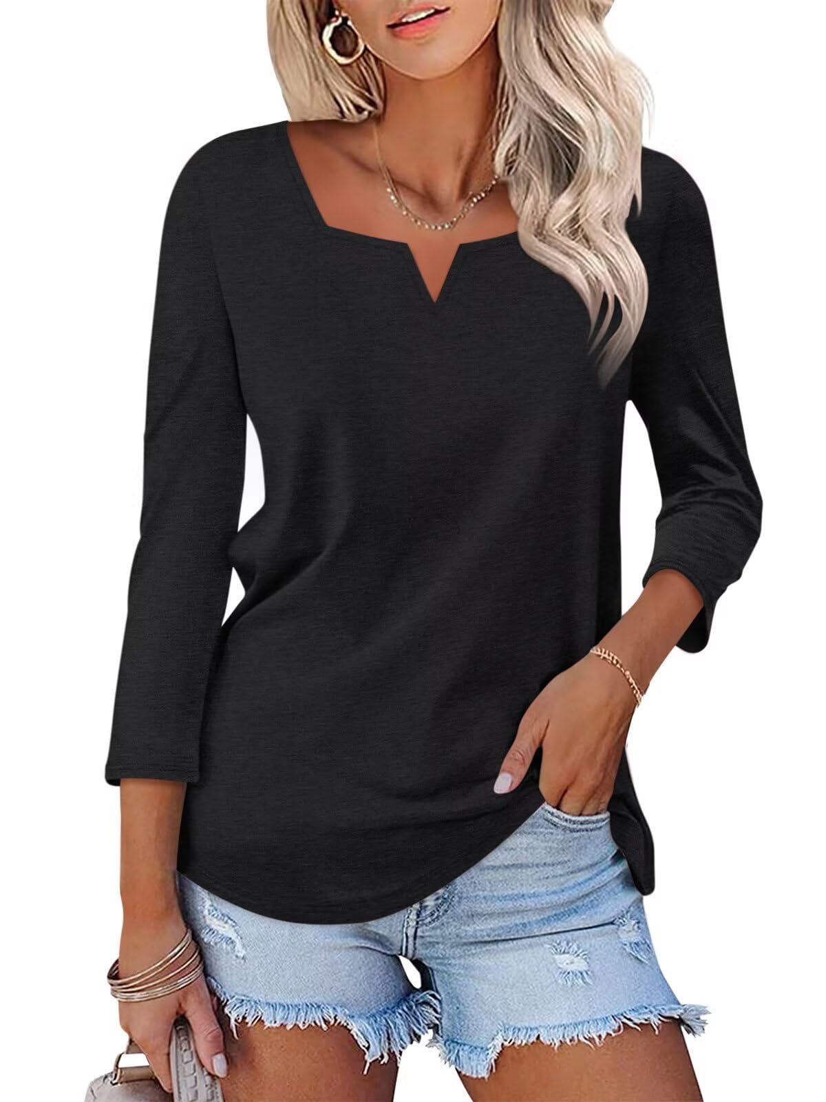 TICTICMISS Women's 3/4 Length Sleeve Tops Square V Notched Neck Shirts Casual Summer Blouses