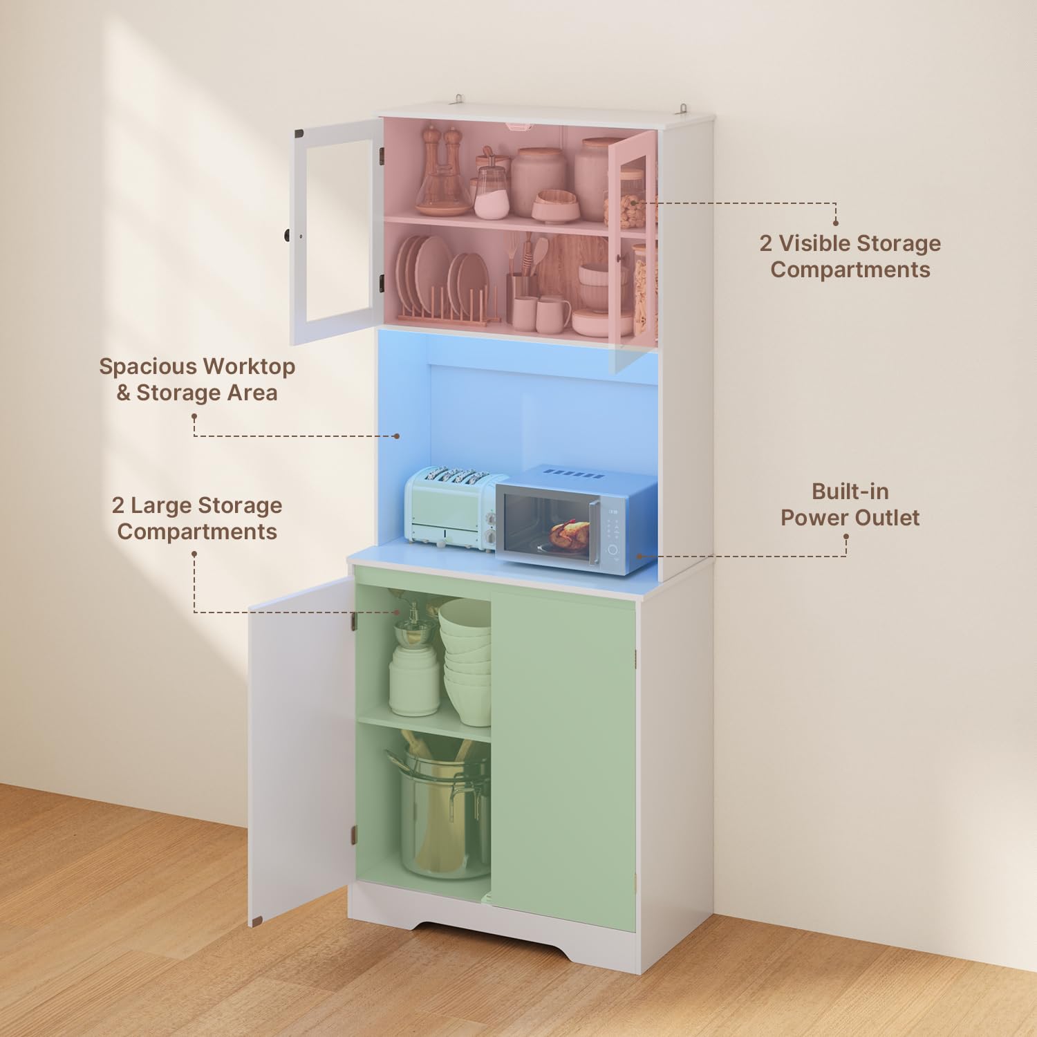 Xbro Credenza Cucina Alta con LED RGB e Presa Integrata, Mobile Cucina Salvaspazio con Vano Microonde e Ante in Vetro, Dispensa Moderna Coffee Station, 73x40x180 cm