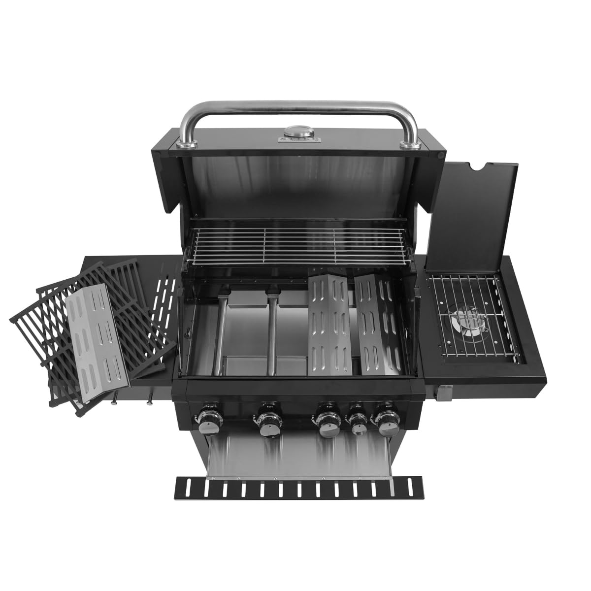 Barbecue a Gas 4 Bruciatori + Fornello Laterale 3,2 kW – BBQ in Acciaio Inox con Griglie in Ghisa Termometro Integrato, Coperchio e Ruote | Cucina da Giardino Professionale