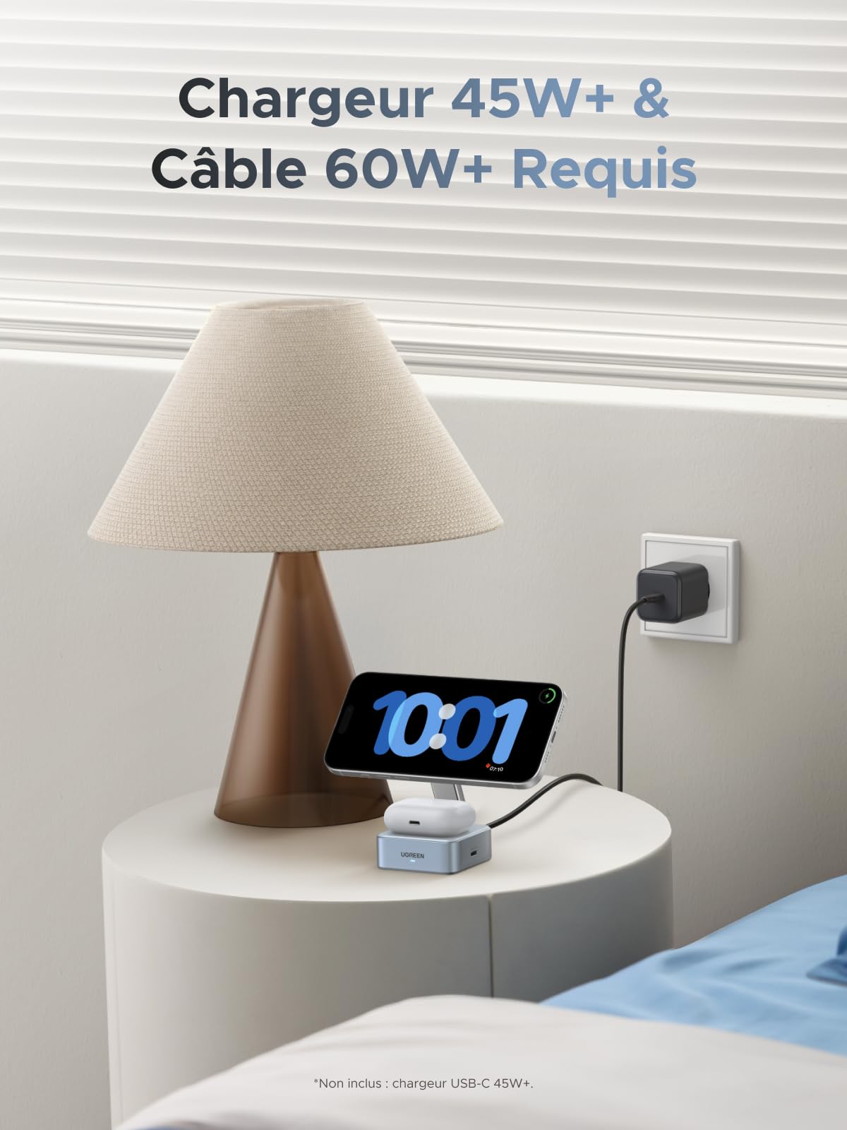 UGREEN MagFlow Qi2 25W Chargeur Induction iPhone 2 en 1 Certifié Compatible avec MagSafe iPhone 17 16 15 14 13 12 Air Plus Pro Max AirPods 4 3 Pro 3 2 1 Chargeur sans Fil Magnétique Pliable Réglable