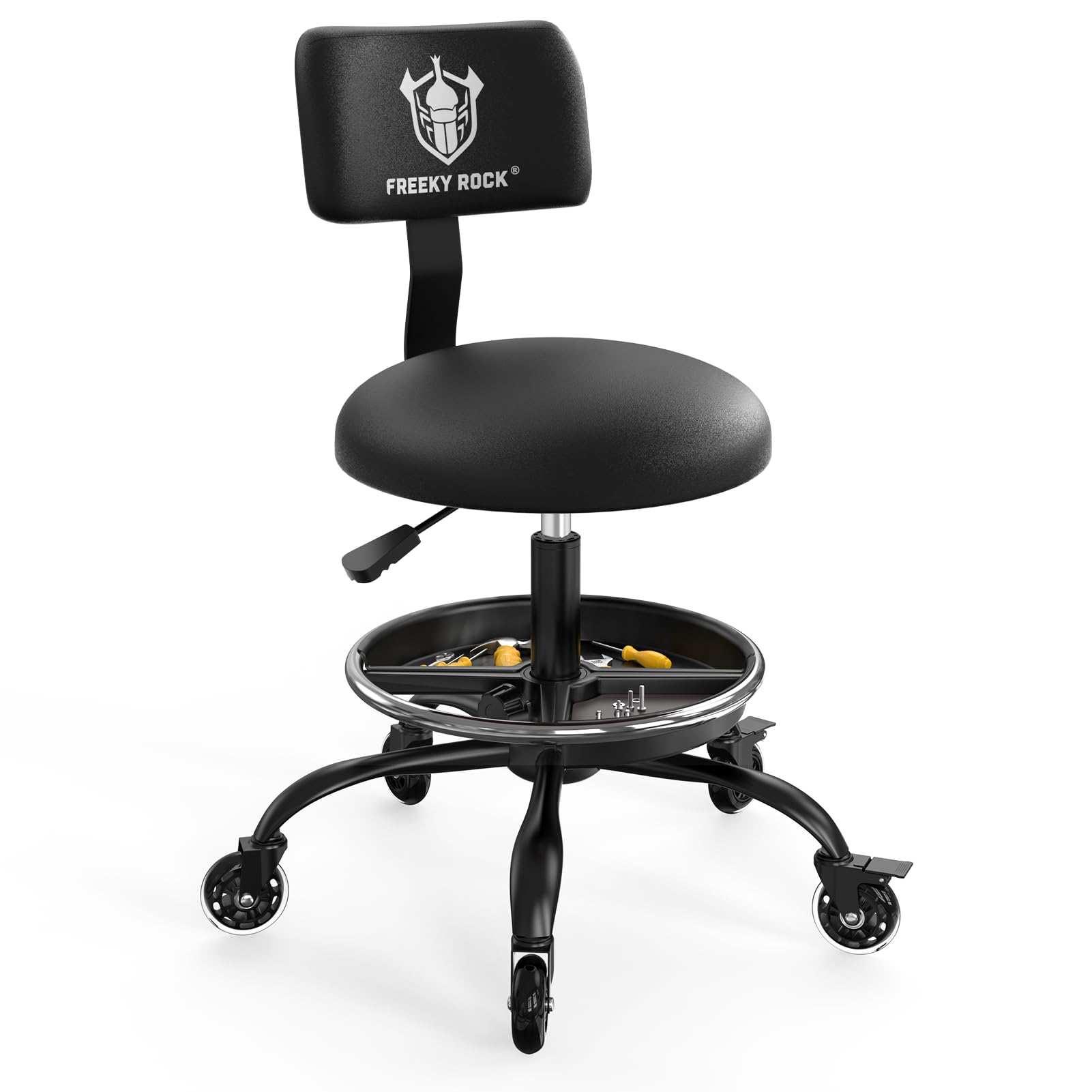 Rolling Shop Stool with Wheels, Garage Mechanic Stool Chair with Backrest, Height Adjustable Heavy Duty Swivel Task Chair, Adjustable Footrest with Storage Tray for Garage Kitchen Salon Tattoo (Black)