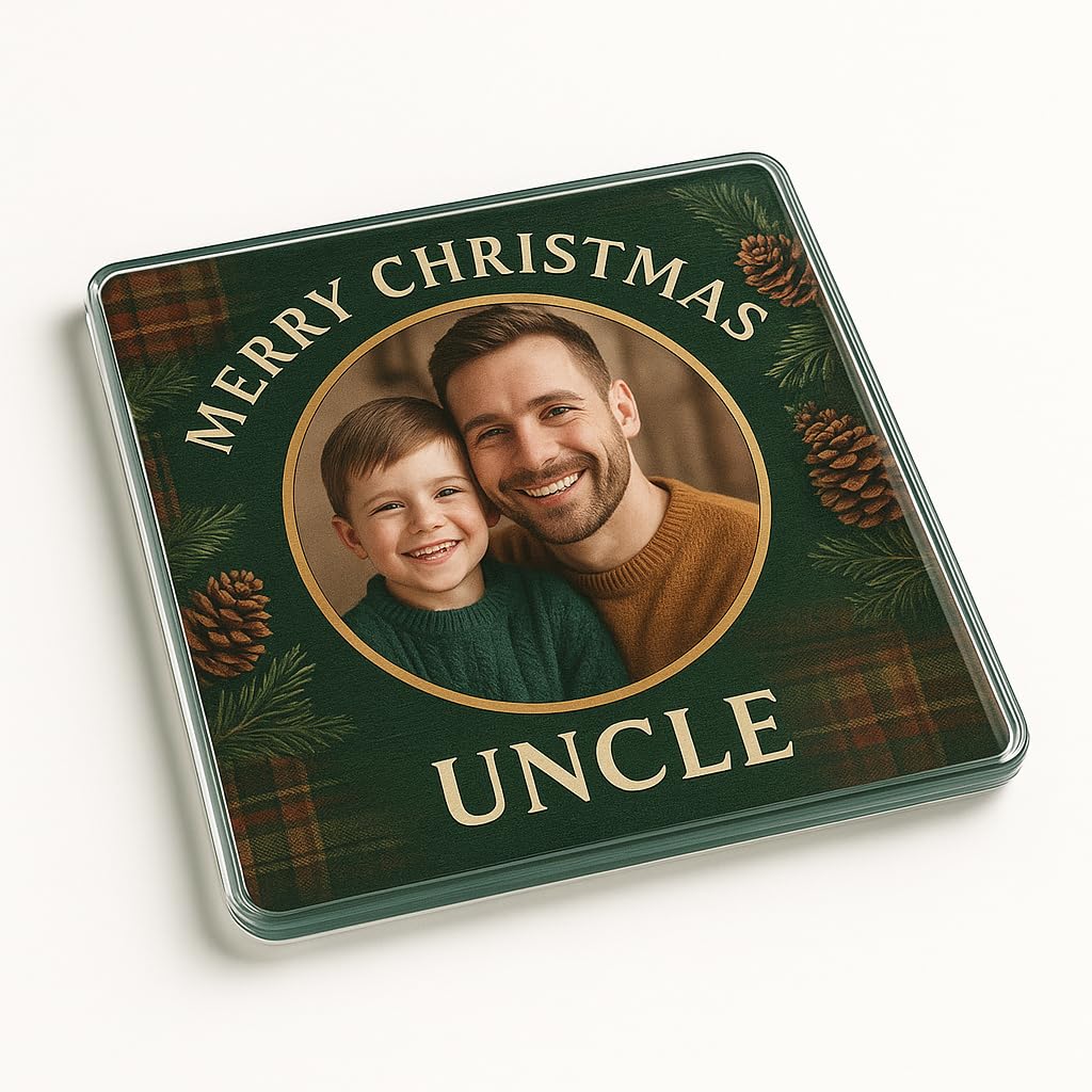 Acrylic Personalised Photo Gift Coaster - Evergreen Cheer Christmas Decor for Uncle - Personalised Holiday Keepsake with Warm Design