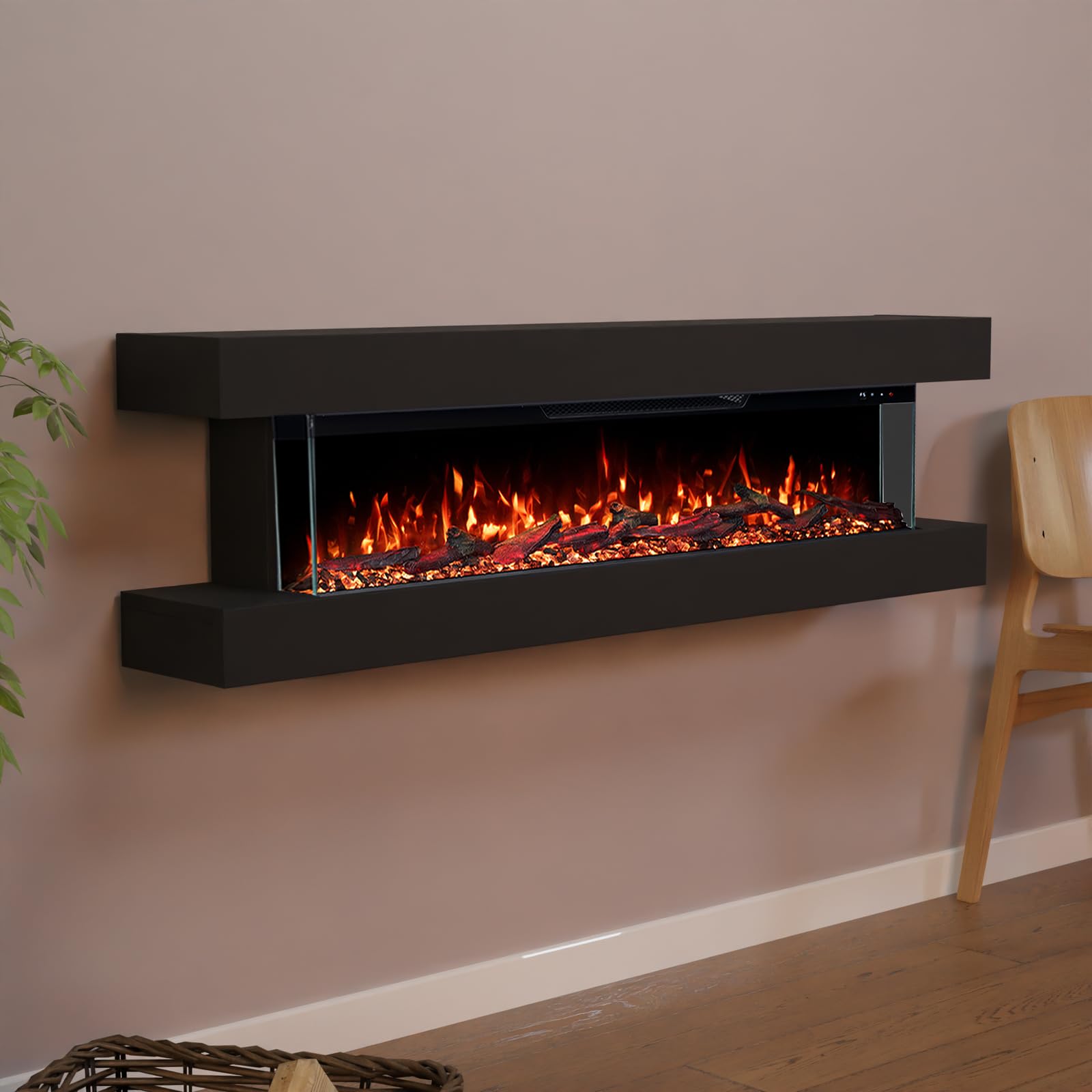 GLOW FIRE Kominek elektryczny Clear Wall z realistycznym ogniem LED 3D – ścienny kominek elektryczny z ogrzewaniem i ogniem, sterowanie za pomocą aplikacji, efekt trzaskania i timer, maks. 1800 W, 137