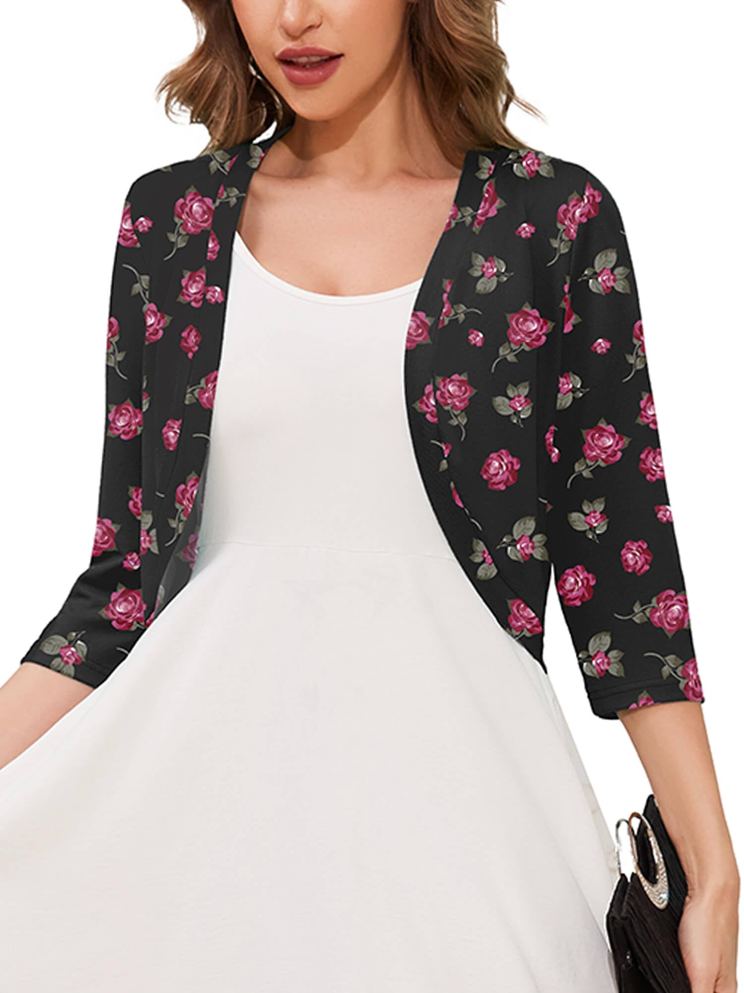 3/4 Sleeve Open Front Lightweight Cropped Bolero Shrug Cardigan | Soft breathable knit, 3/4 sleeve cropped cut, open front layering, versatile cover up for dresses, women's casual fit
