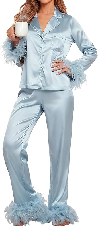 XBTCLXEBCO Womens Satin Pajama Set Feather Trim Long Sleeve Button Down Shirt and Pants 2 Piece Pjs Set Bridal Silk Sleepwear