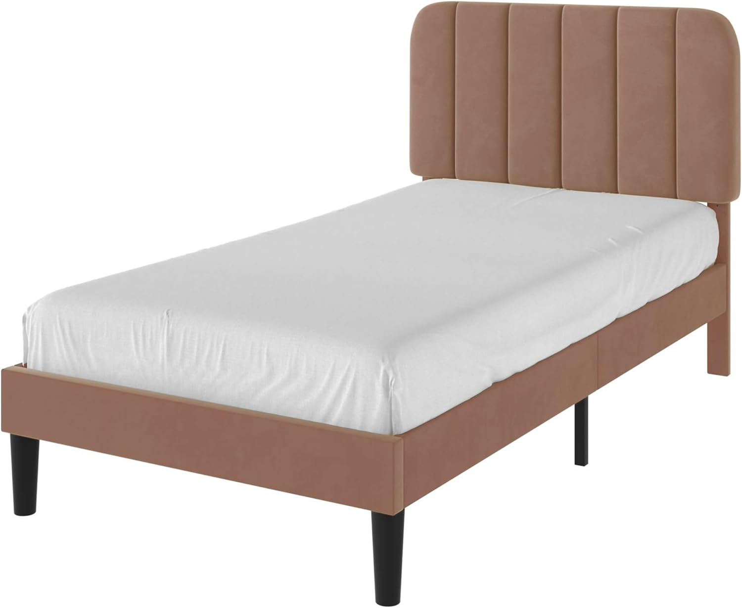 VECELO Twin Size Bed Frame with Upholstered Headboard, Velvet Platform Bedframe Mattress Foundation, Strong Wood Slat Support, No Box Spring Needed,Warm Brown