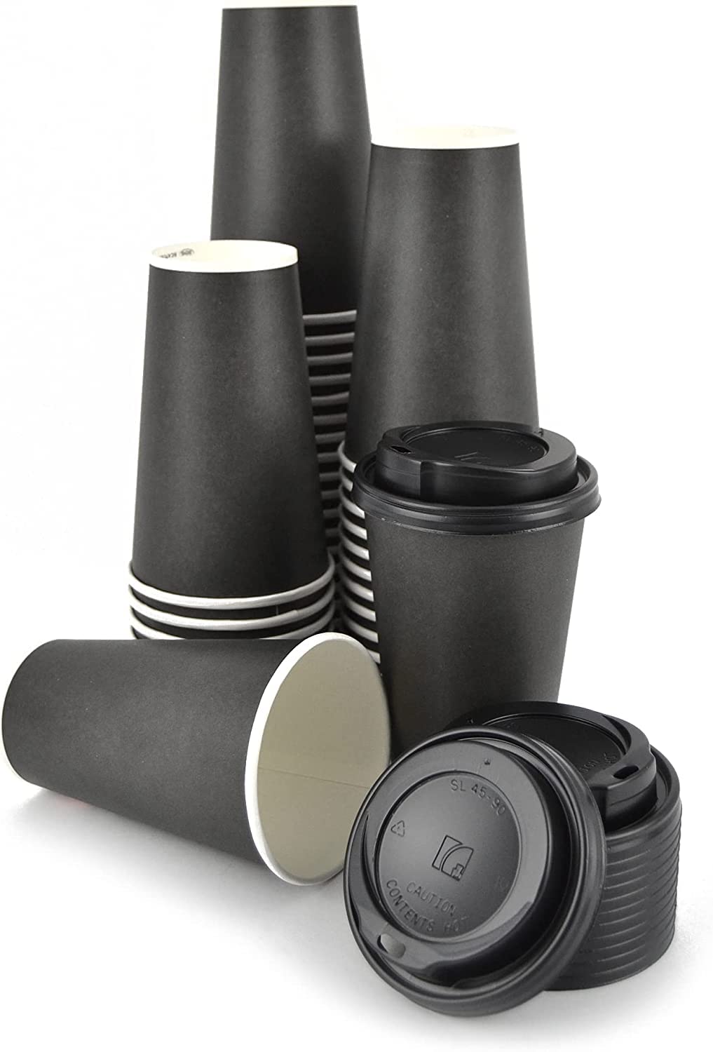 DUE ESSE S.N.C. DI SABATINI ALDO & C. Lot de 100 verres double paroi maxi noirs en papier de 16 oz (470 ml) verres double couche pour maintenir la chaleur + 100 couvercles noirs