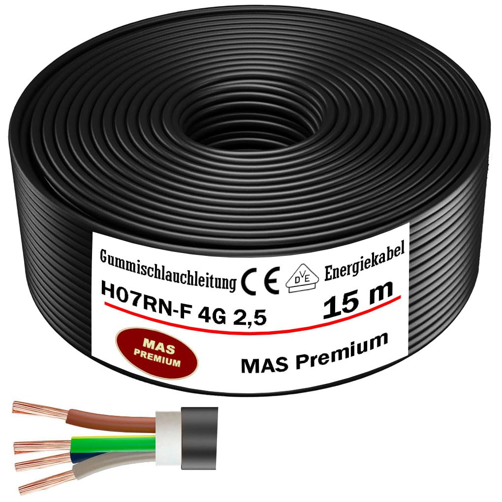 Cable de alimentación de goma de 5 a 100 m, H07RN-F 4G2,5 mm², cable flexible con conductor de protección para equipos pesados (15 m)