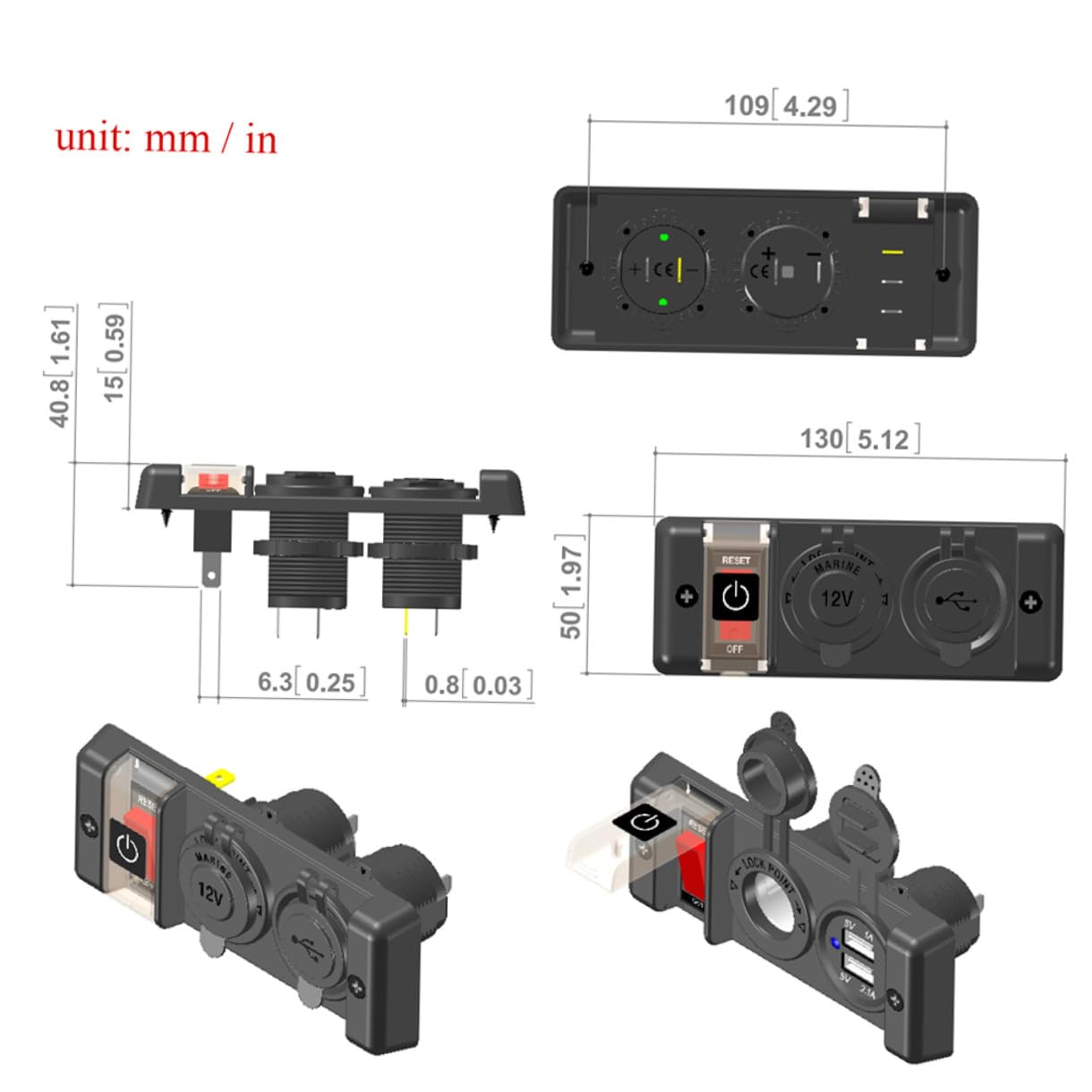 Prise Allume-cigare Double USB 12-24 V Étanche en Abs Noir