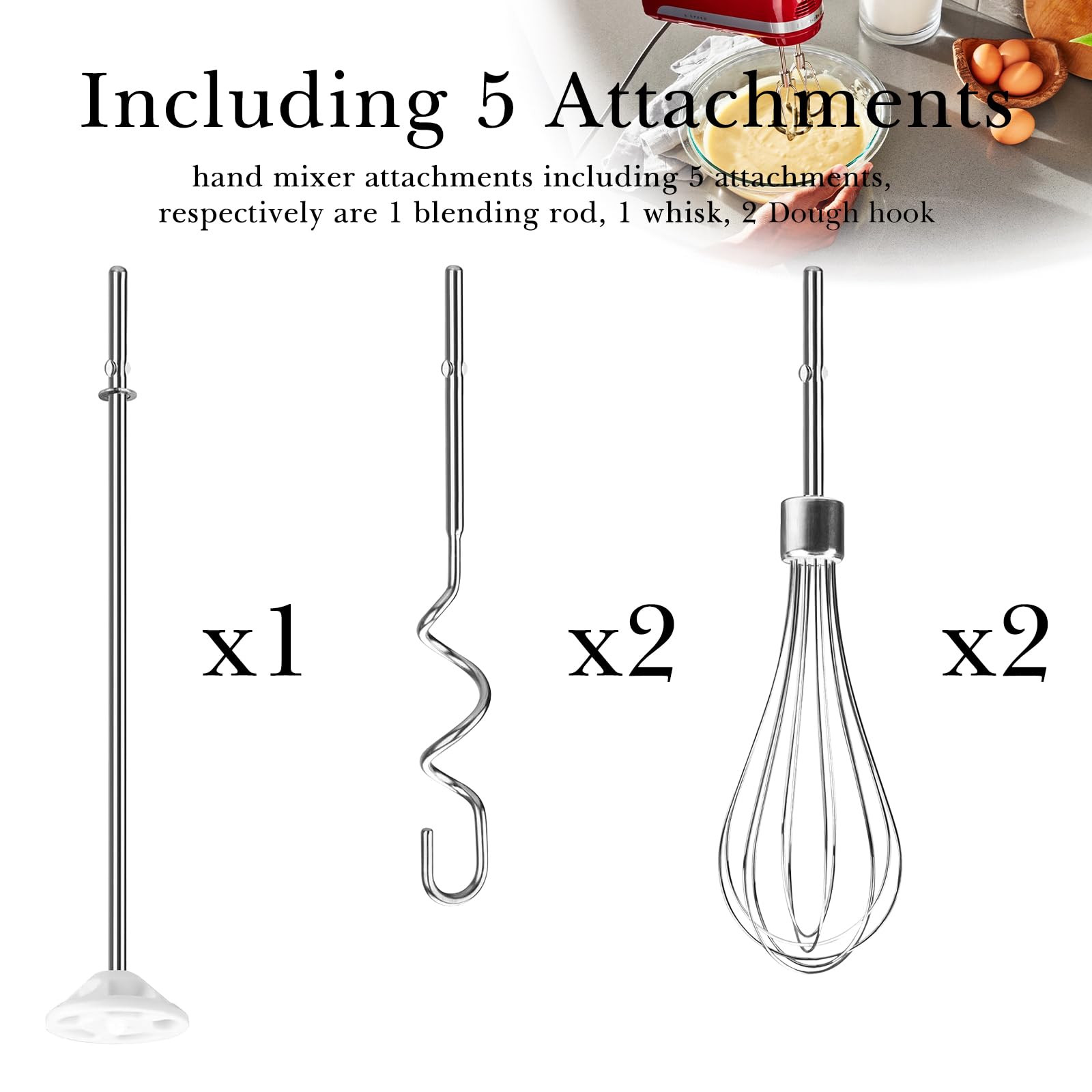 Handmixer Hulpstukken Klopper, Garde, Mengstaaf en Deeghaken, Roestvrij
