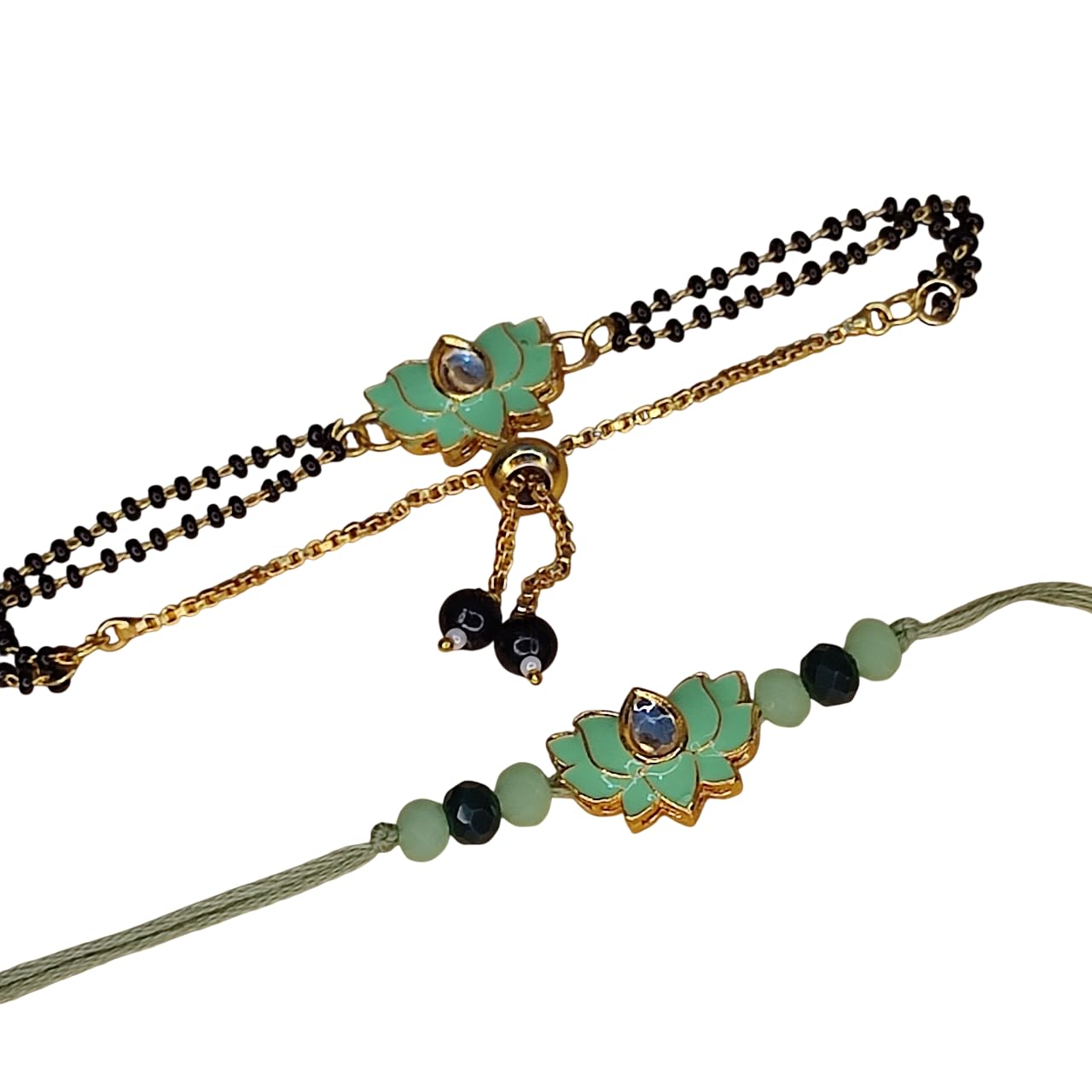 Elegant Traditional Lotus Kamal Raakhi Combo Set for Men and Women/brother/sister/bhabhi Kundan Stone combo set (Black/Green)-image-38