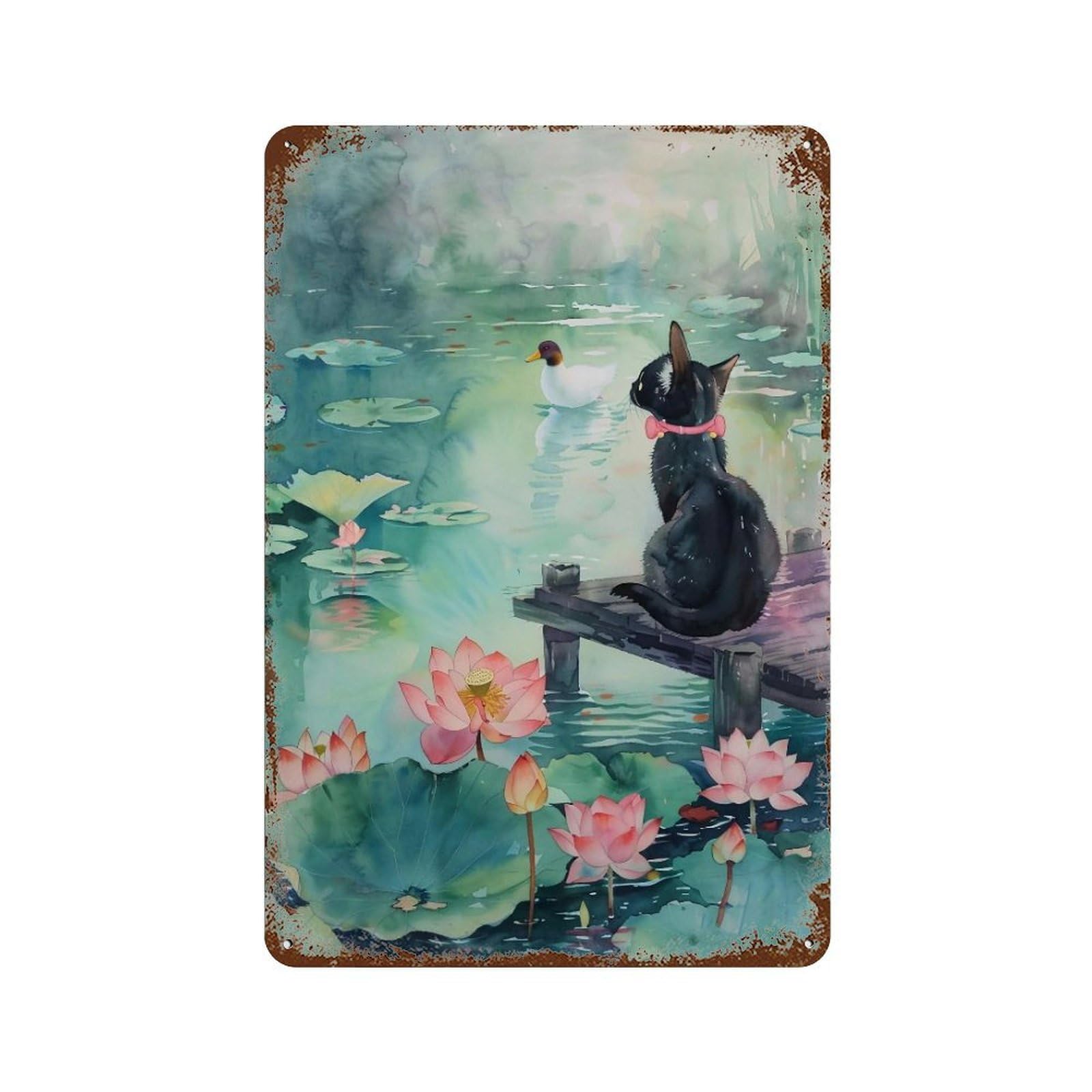 HDURYEYRYY Lotus Pond Cat & Ducks 04 Wall Retro Iron Vintage Art Metal Tin Sign Poster Modern Home Cofffee Club Art Bar Shop Decor 30x20cm