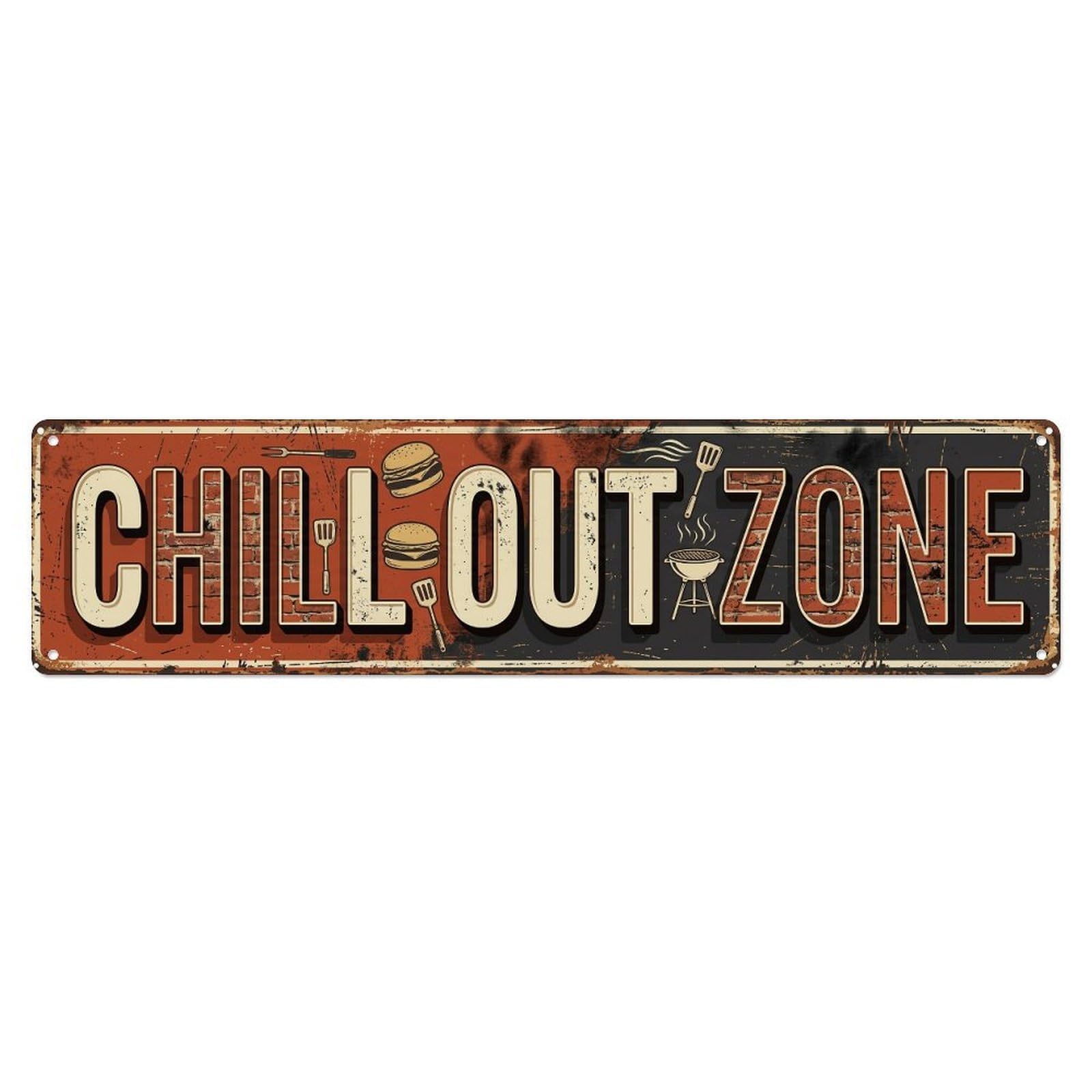 Chill Out Zone Rustic Backyard Metal Tin Skinny Sign Plaque Wall Decor for Cafe, Club Bar, Office, Home Garden Metal Poster 4x16Inch