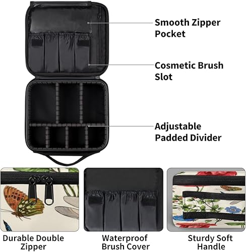 Miniatura 4 de KOBLEN Bolsa de maquillaje de viaje para mujer, grande, cuadrada, portátil, profesional, de tren de coqueta, estuche de cosméticos con asa, libélula