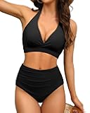 Halter V Neck Push Up Swimsuit Padded High Waisted Ruched Bottom Two Piece Bikini Set Bathing Suit for Women