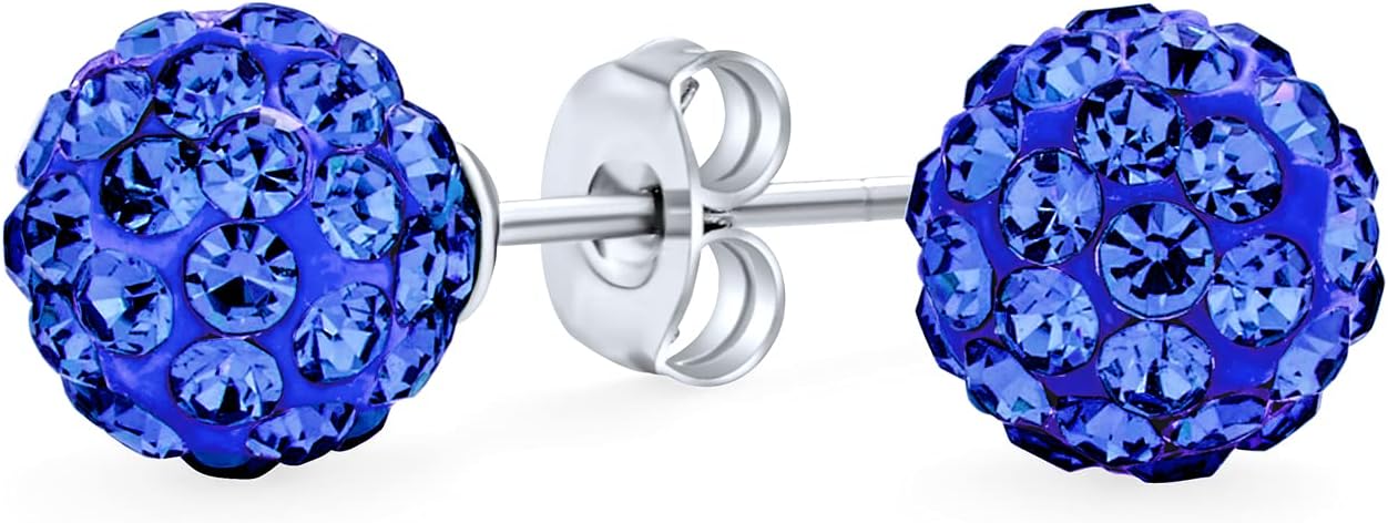 Elegant .925 Sterling Silver Round 8MM Glittering Pave Crystal Disco Ball Stud Earrings for Women Teens in Many Colors