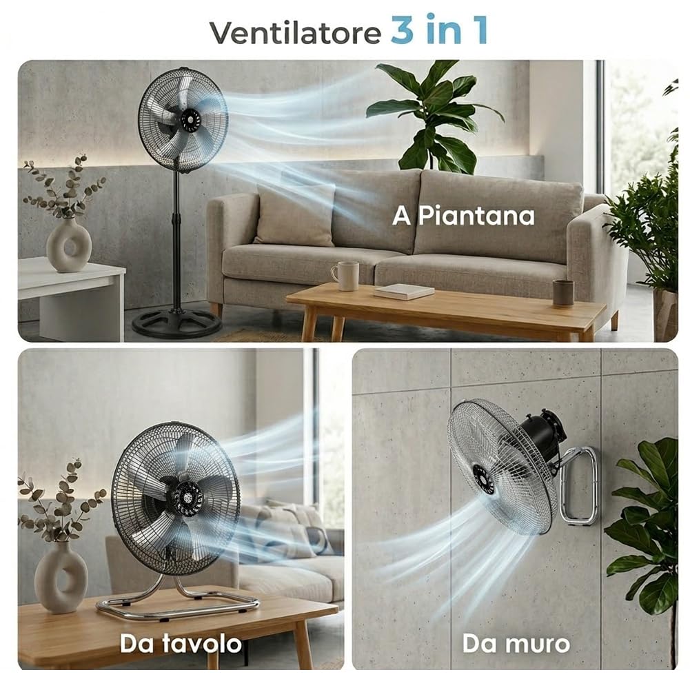 BAKAJI Ventilatore Manila 3 in 1 con Pale in Acciaio, Utilizzabile a Piantana Indipendente, Muro e Parete, Tavolo da Appoggio, Flusso d'Aria Potente, 3 Velocità Selezionabili, Silenzioso