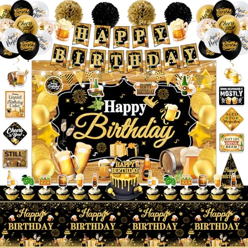 Mpanwen Beer Birthday Party Decorations Beer Aged to Perfection Birthday Party Decorations Decor Supplies for Men - Backdrop Banner Cake Cupcake Toppers Tablecloth Hanging Swirls Wall Signs