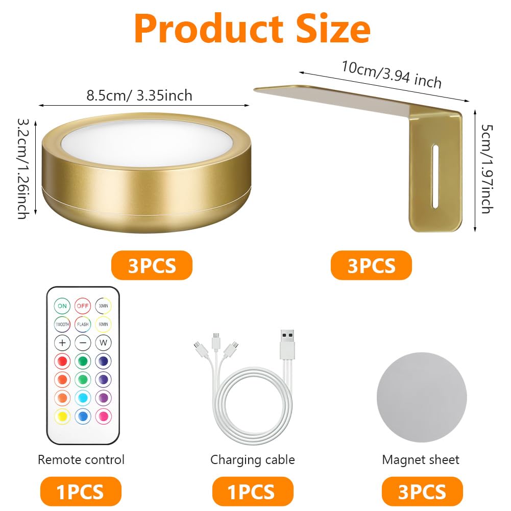 Luce per Quadri Senza Fili con Telecomando, 3PCS Luce per Quadro Senza Fili, 13 RGB Luci LED Magnetiche Wireless Ricaricabili, Timer Dimmerabile per Esposizione Pittura Vetrina, Oro