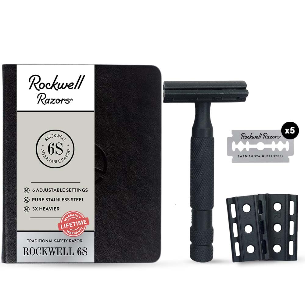 ROCKWELL RAZORS 6S Adjustable Safety Razor for Men & Women | Eco-Friendly & Reusable Shaving Razor | 5 Double Edge Razor Blades made of Pure Swedish Stainless Steel | Matte Black Finish