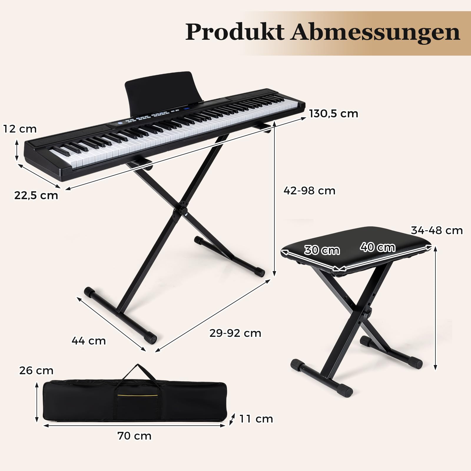 COSYWAY Keyboard Piano 88 Tasten mit Ständer & Hocker, Digitalpiano mit Kopfhörer, & Tragetasche & Sustain-Pedal, E Piano mit 128 Rhythmen, 128 Tönen & 80 Demos, für Anfänger (Schwarz)