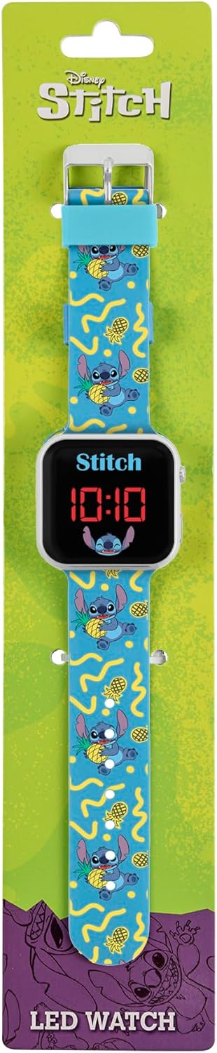 The Disney Lilo & Stitch LED Watch in its retail packaging, showing the watch secured on a cardboard backing with Disney Stitch branding.