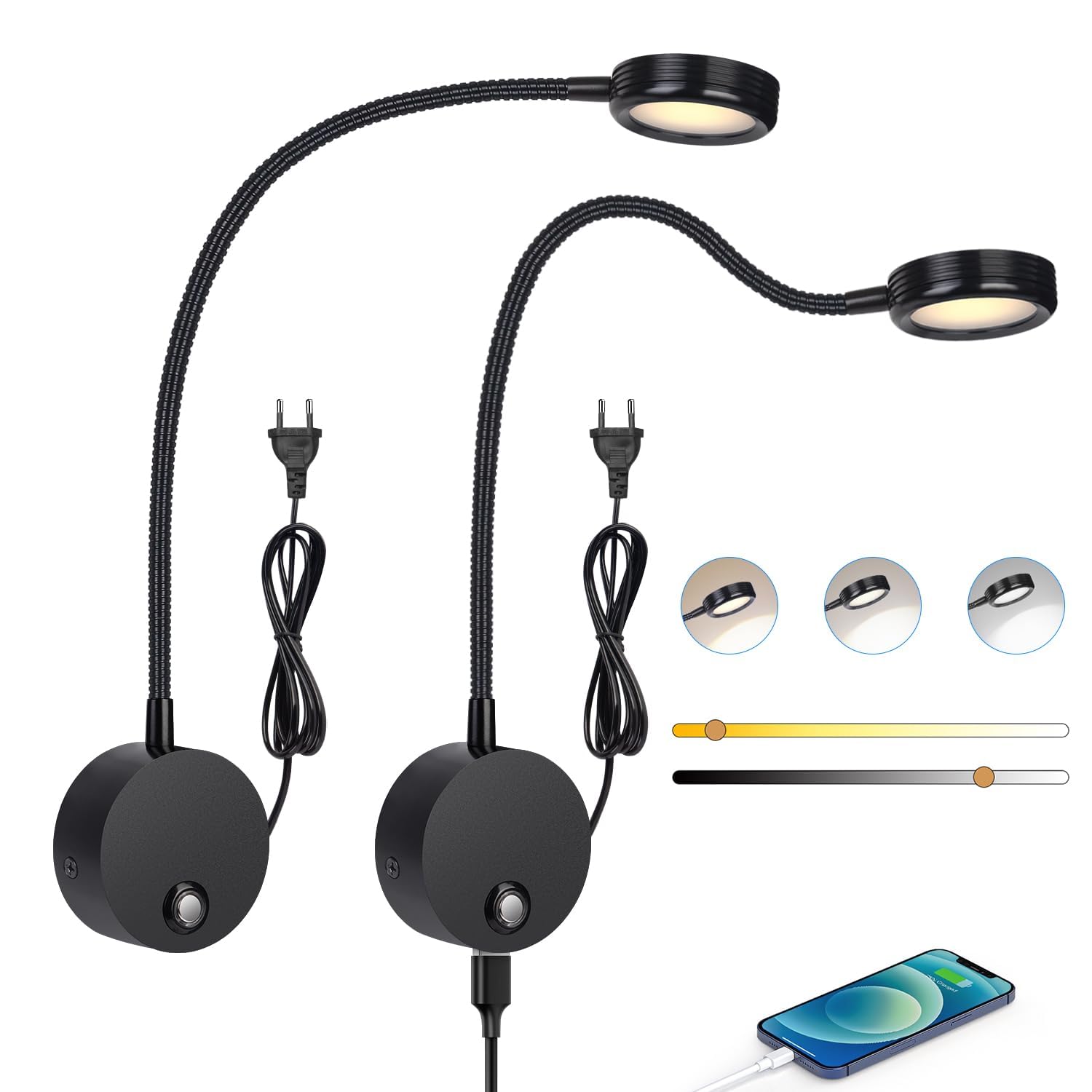 ERWEY 2pcs Lampes de lecture murales, liseuse de chevet avec interrupteur tactile dimmable 3000-6000K, port de charge USB, 4W liseuse de lit pivotante à 360° avec prise et câble pour chambre, noir