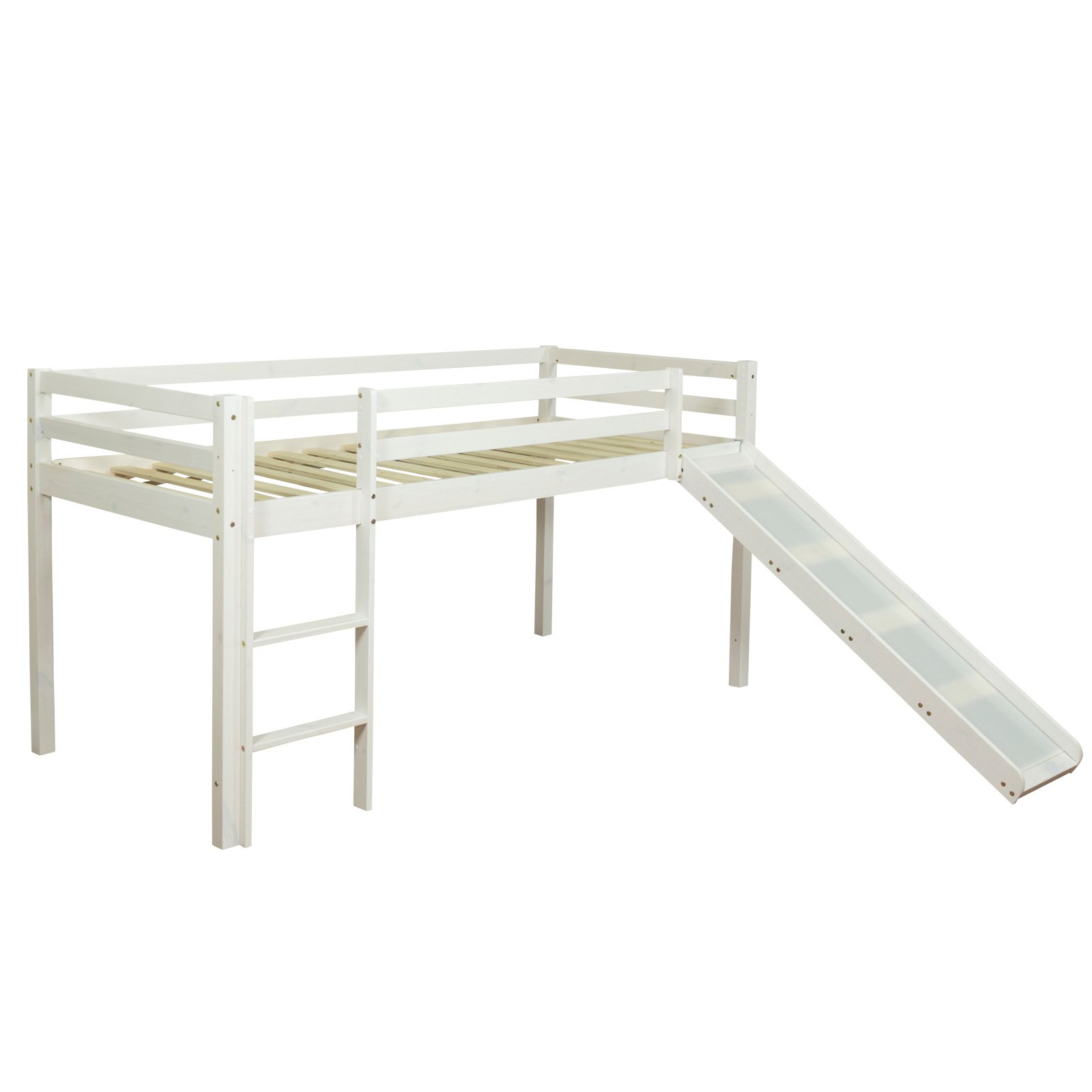 Homestyle4u 1568 Kinderbett 90x200 Weiß - Hochbett mit Rutsche & Leiter | Bettgestell aus Kiefer Massivholz, inkl. blauem Vorhang & Tunnel, Spielbett mit Rausfallschutz für Kinderzimmer