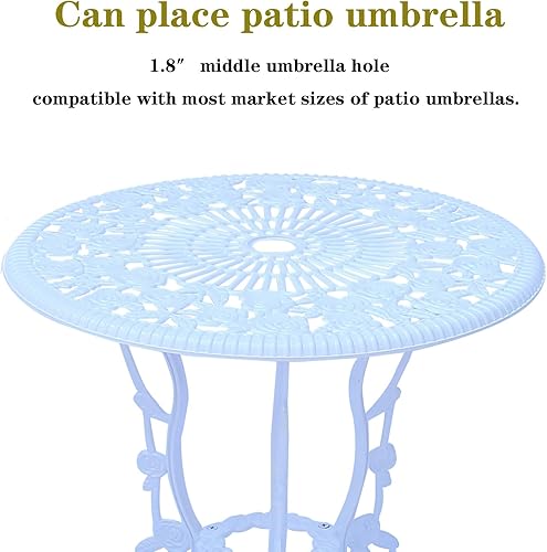 Miniatura 5 de Juego de 3 piezas de aluminio fundido para exteriores, mesa y sillas al aire libre, juego de 2 con agujero para sombrilla para patio, jardín y