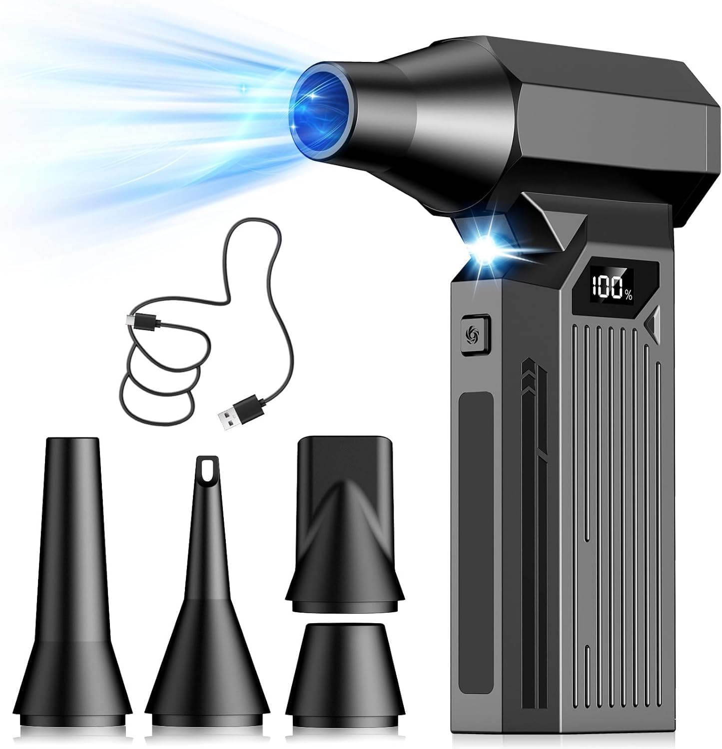BENJEN Spolverino elettrico dell'aria compressa, ventilatore senza cordone di Turbo 130000RPM | Sostituisce lattine monouso ad aria compressa, 4 marce regolabili, 5 ugelli per computer, tastiera, auto e pulizia esterna