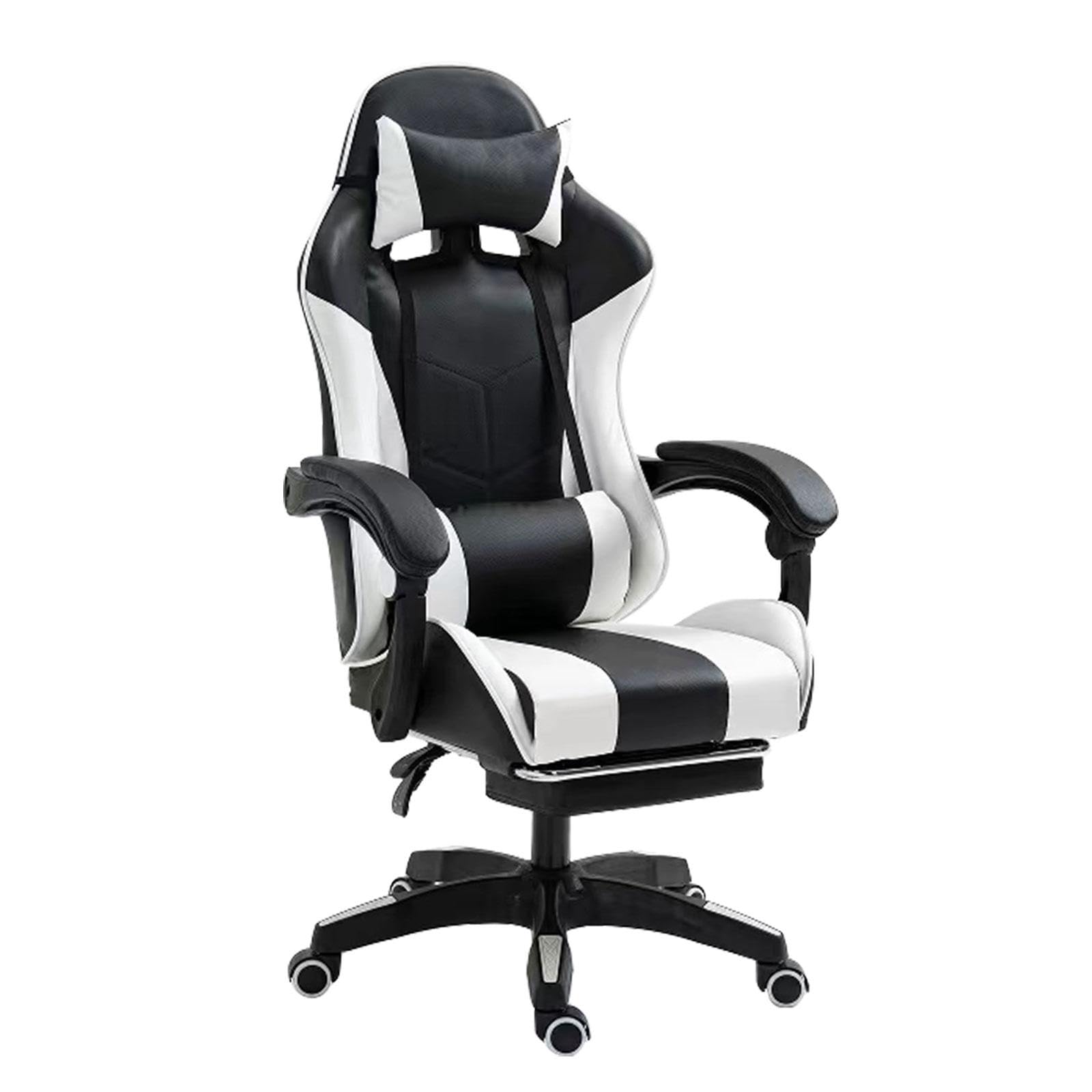 Gaming Chair, Computer Racing Chair with Footrest, Ergonomic High Back Office Headrest, Executive Swivel Rolling Leather Video Game Chair, White, MSK9082