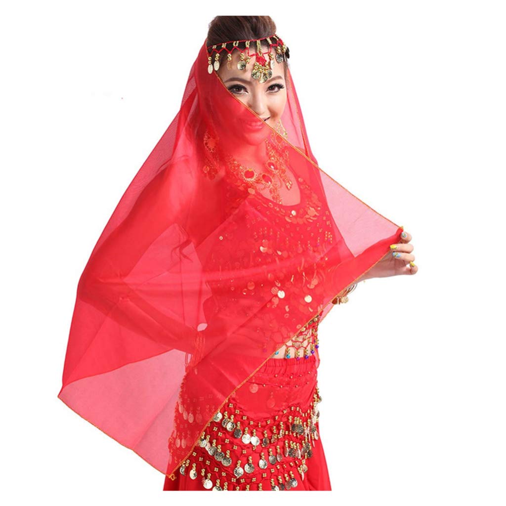 Best Dance Women's Red Headband Belly Dance Face Veil Dancing Headpiece Chiffon Coins Head Scarf Shawl