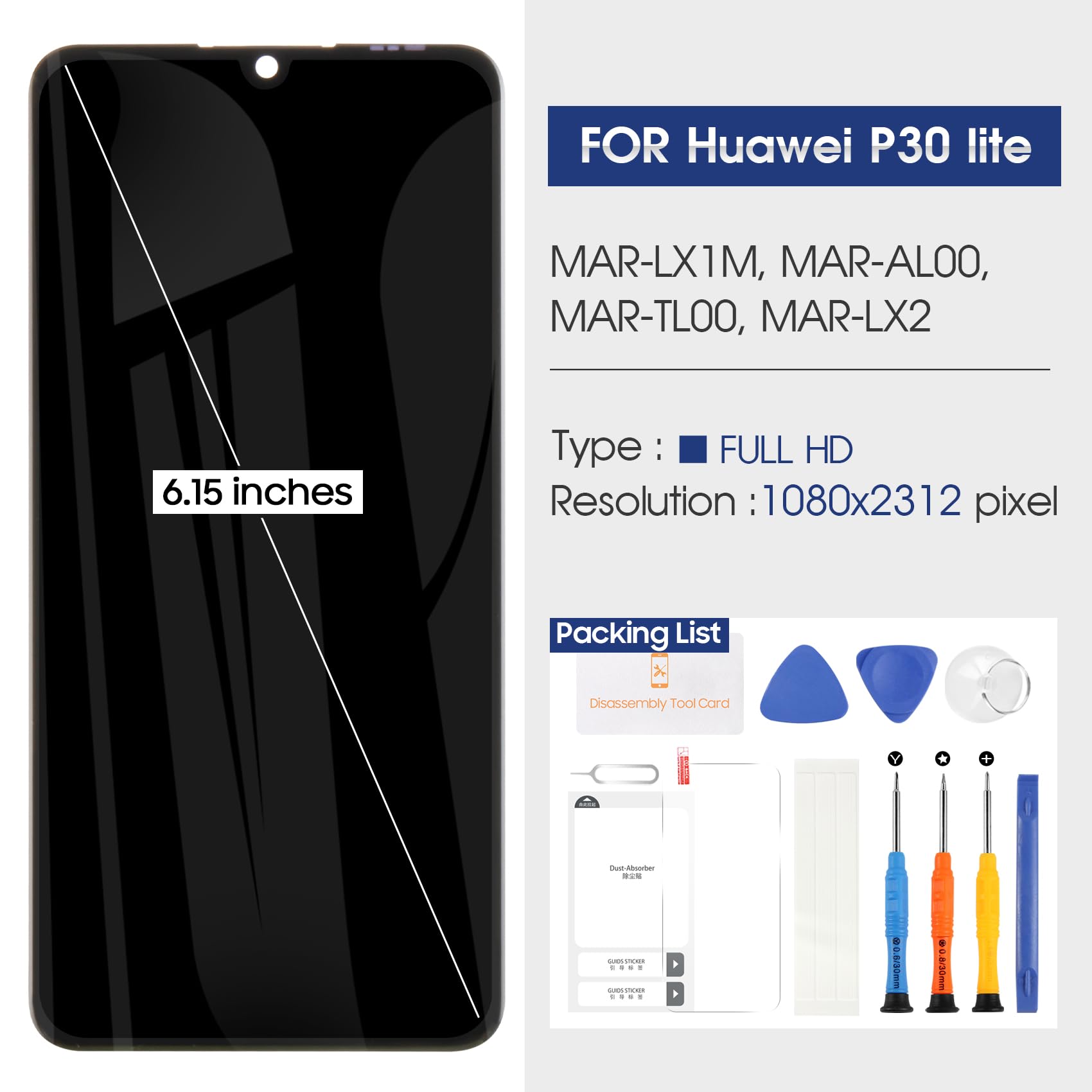 LCD Display per Huawei P30 Lite/Nova 4E, Schermo per P30 Lite 2019 Display Touch Screen MAR-L01A MAR-L21A MAR-LX1A Sostituzione Schermo di Vetro Digitalizzatore Assemblea con Riparazione Kit