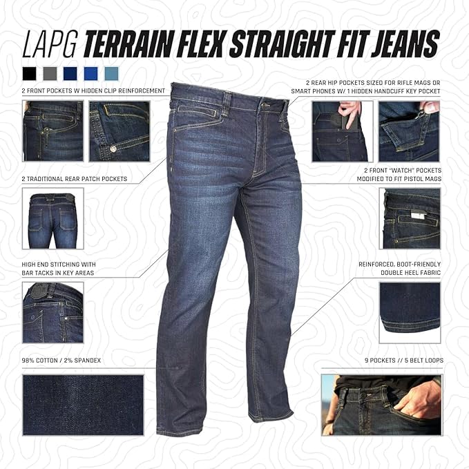 LAPG Men's Terrain Flex Slim Fit Tactical Jeans - Durable Stretch Denim, EDC Waistband, Vintage Wash, Multi-Pocket Design2