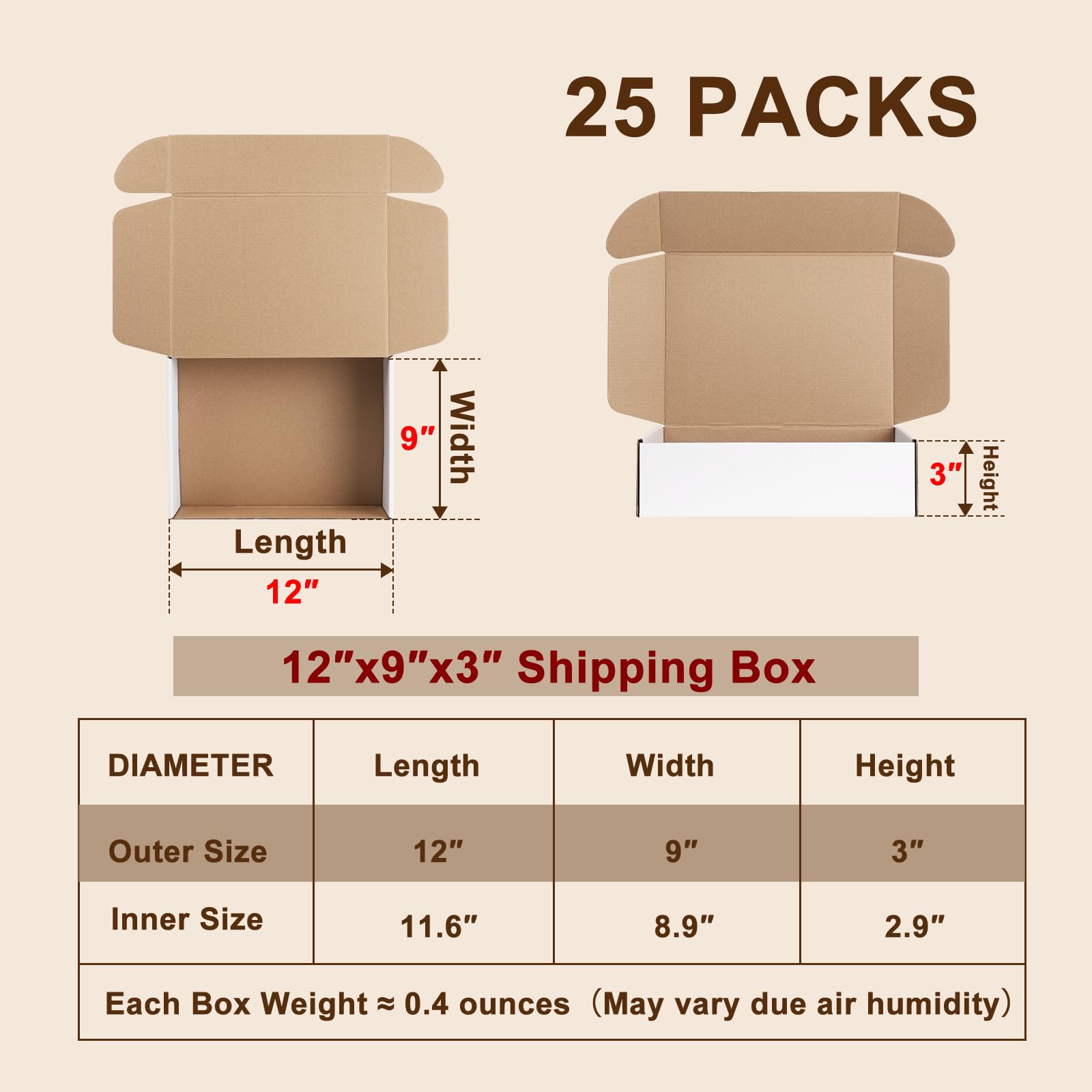 12x9x3 Wellpappe-Boxen, 25er Pack schwere kleine Versandkartons | Weißer leicht gefalteter Versand und Briefkasten für kleine Unternehmen (12 x 9 x 3 Zoll)