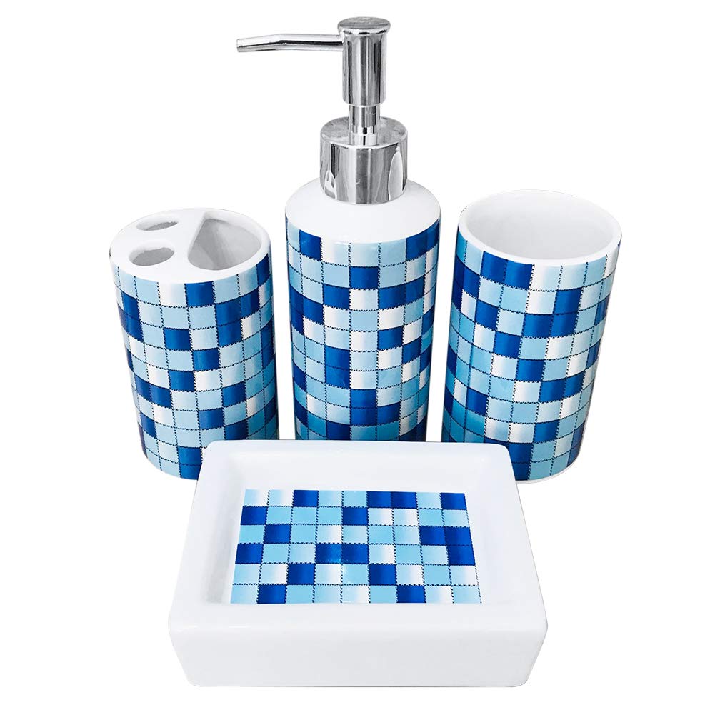 Muzi Badzubehör-Set aus Keramik, modernes Design, Seifenspender, Zahnbürstenhalter, Becher, Seifenschale (blaues Mosaik)