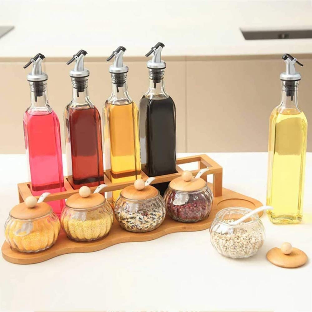 Set da 10 Pezzi, vasetto di spezie in Vetro Solido, Olio di aceto, ampolla liquida, con ripiano in Legno di bambù, Barattolo di spezie da Cucina con Cucchiaio