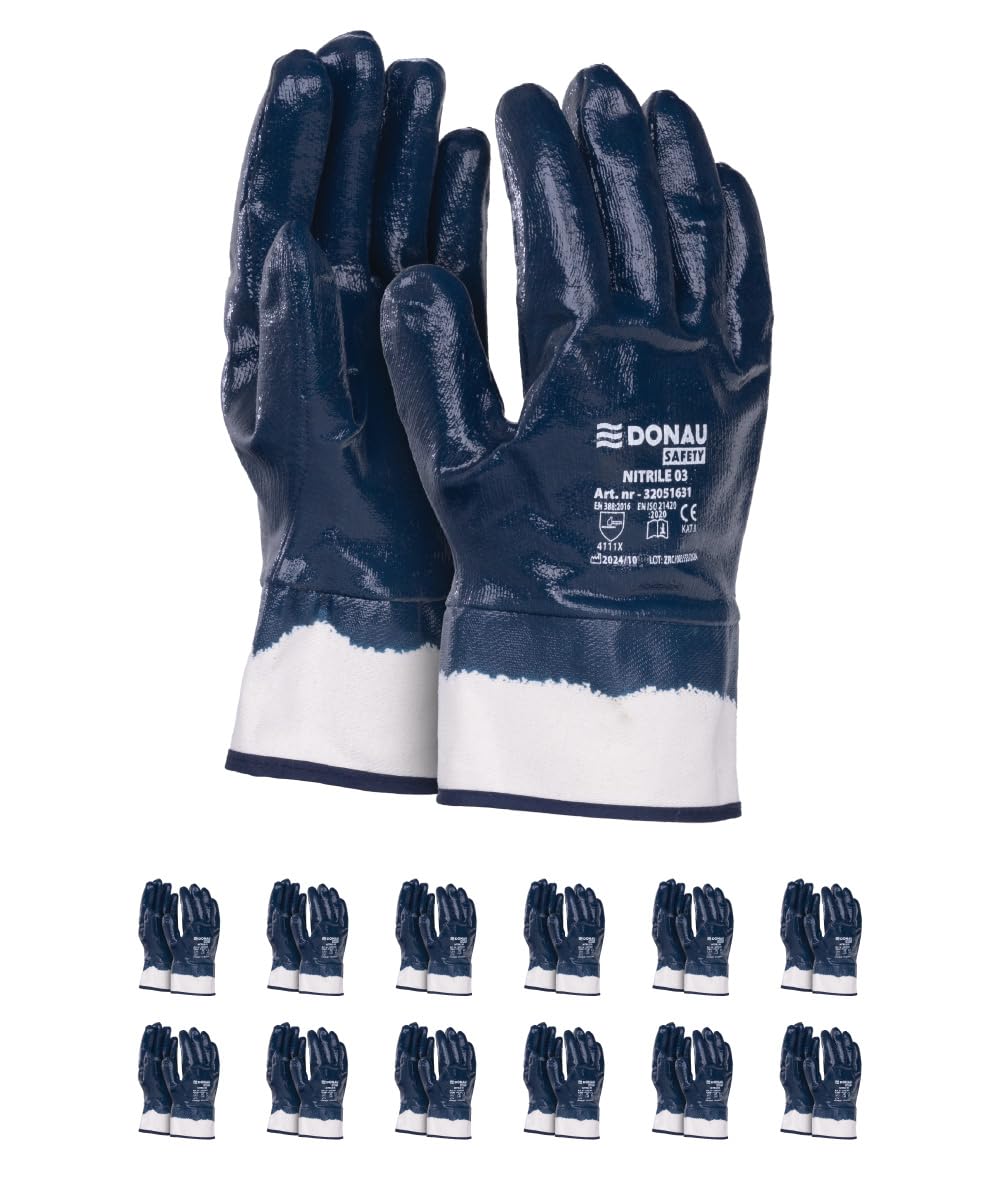 DONAU SAFETY Nitrile Work Gloves, Fully Coated, Dark Blue, Size 09, 12 Pairs, Gloves, Waterproof, Oil-Resistant, Abrasion-Resistant, Protective Gloves, Nitrile Gloves