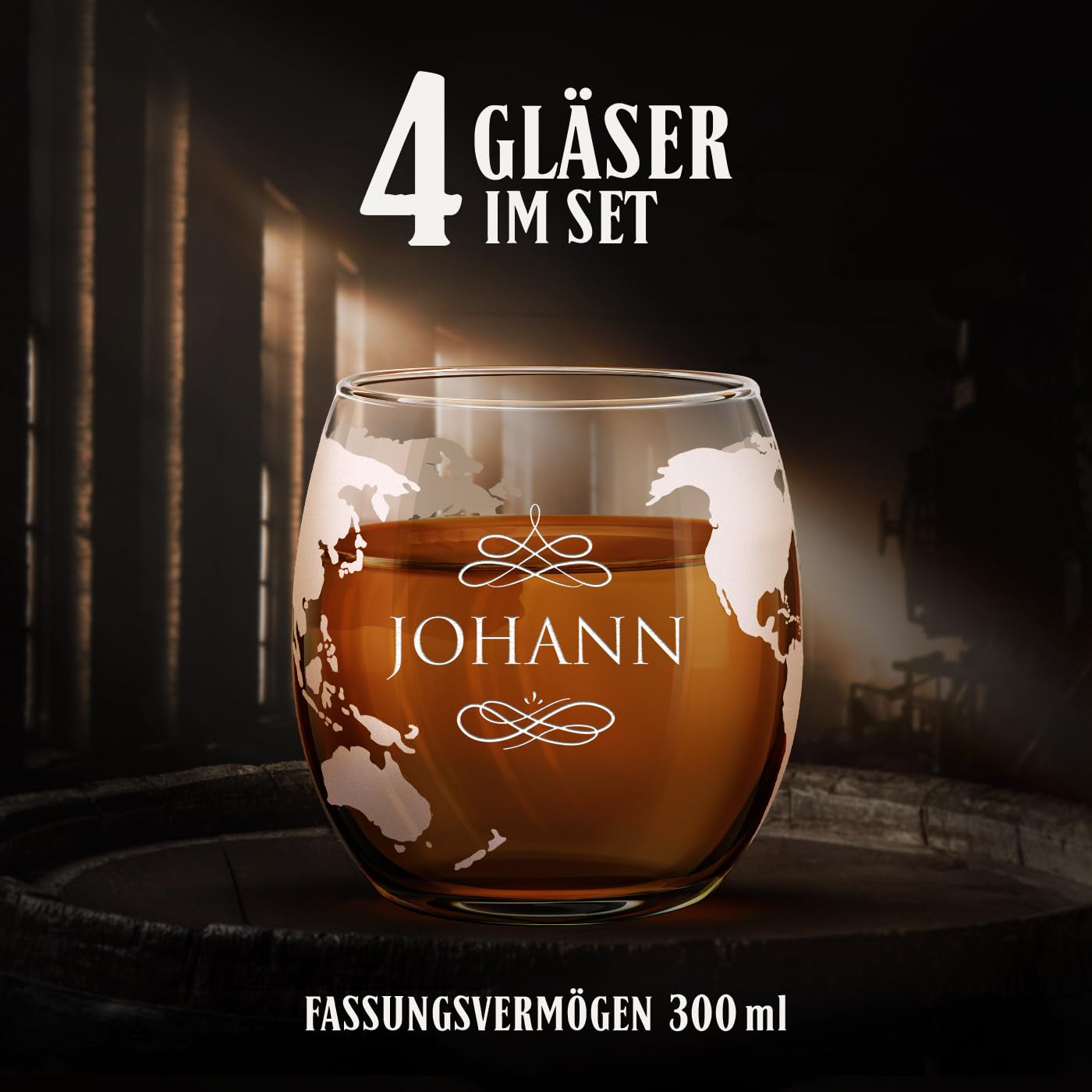Maverton Whisky Karaffe mit Gravur - Schiff mit Edelstahl-Wasserhahn, 1000 ml - 4er Whiskygläser Set - Whisky Dekanter - Name - Weihnachtsgeschenke