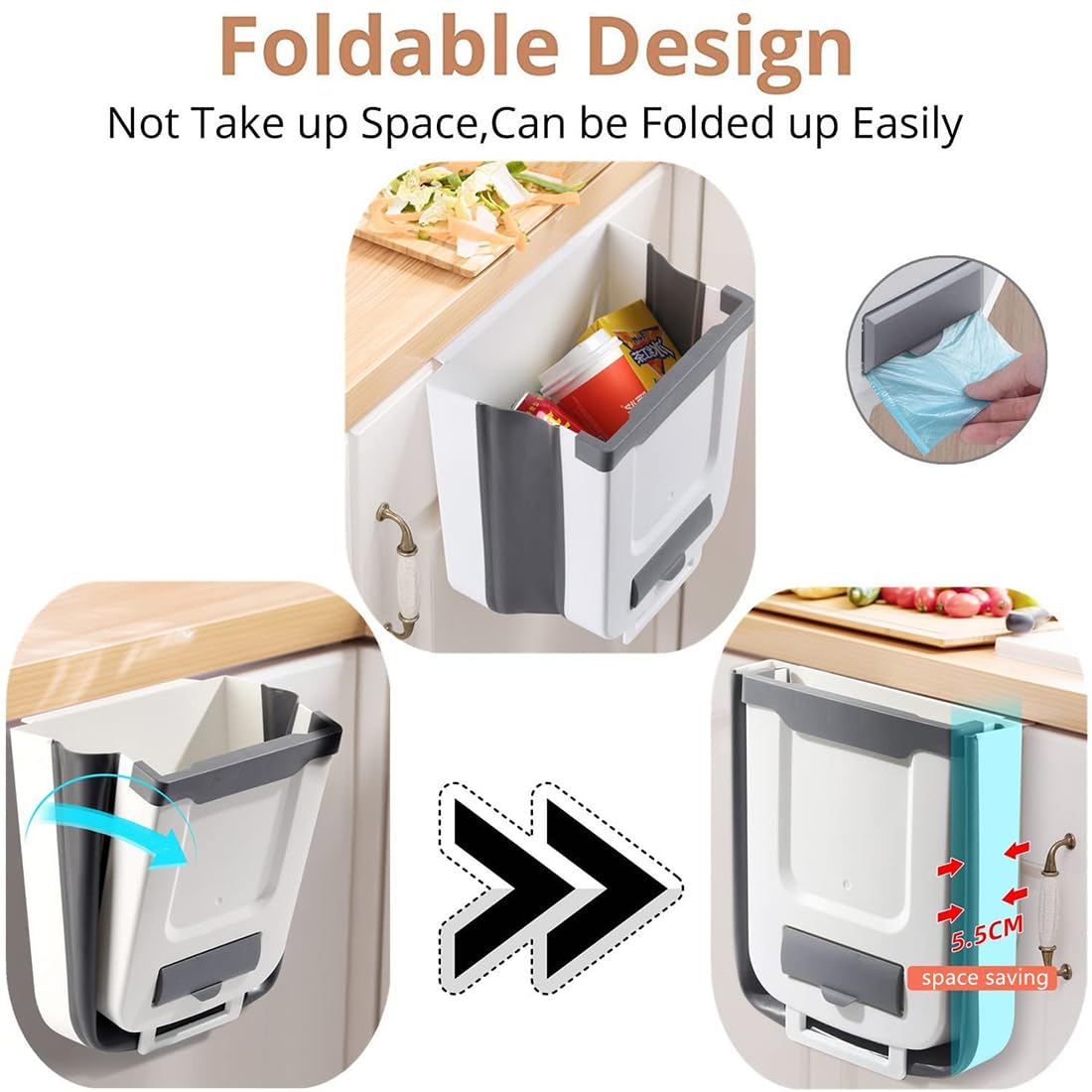 JUVEL Pattumiera pieghevole da cucina, 10 l, da appendere, cestino per la spazzatura da bagno, per auto, porte dell'armadio, campeggio, ufficio e camera da letto