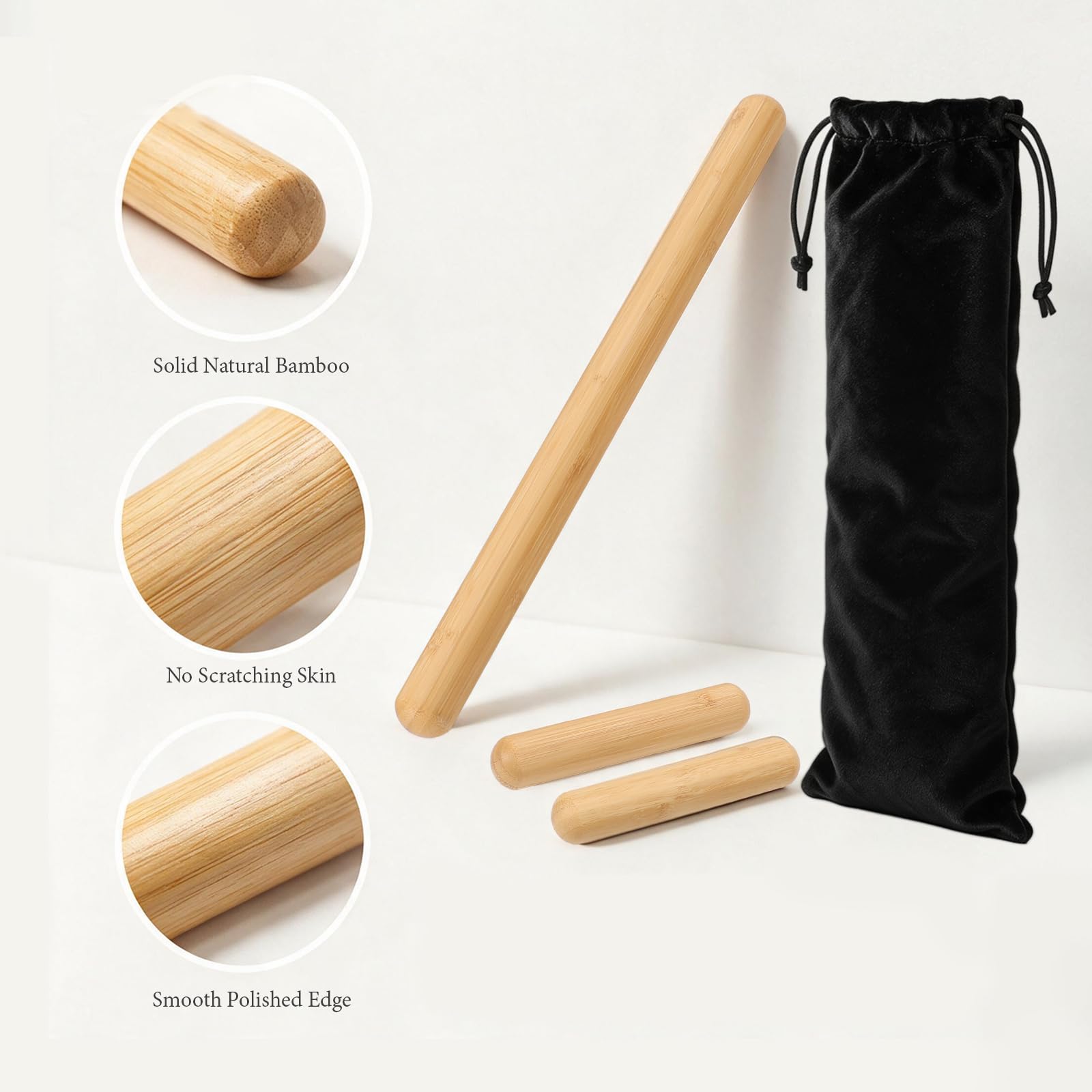 Massive Bambus-Massagestäbchen, 100 % Bambus-Massagewerkzeuge, Bambus-Therapie-Massagerollen-Set für Guasha, Entspannung, Körperformung, 3 Stück