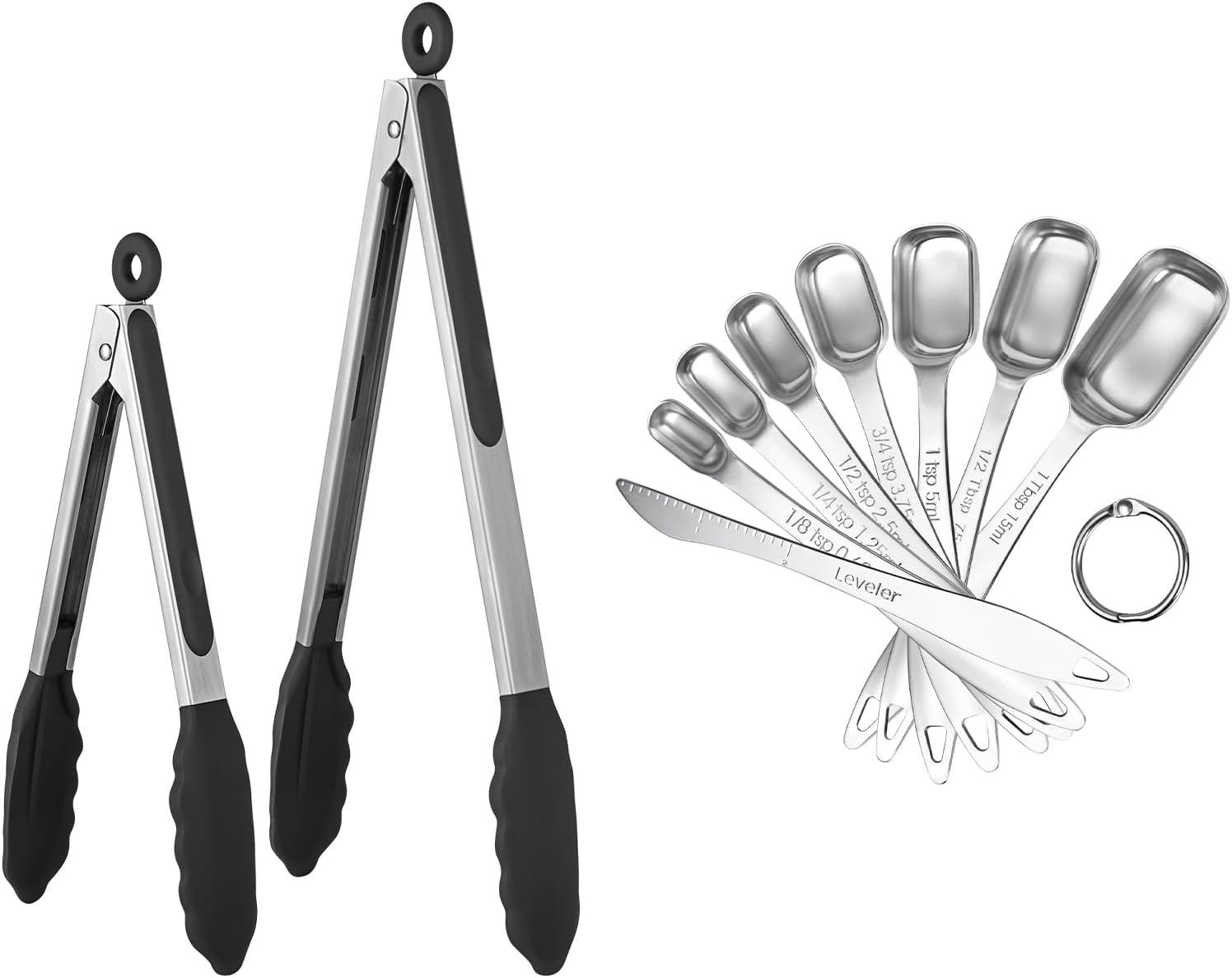 U-Taste 600℉ Heat Resistant Food Grade Non Stick Firm Cooking Tongs Set of 2, and 18/8 Stainless Steel Square Measuring Spoons Set of 8 (Black+Silver)