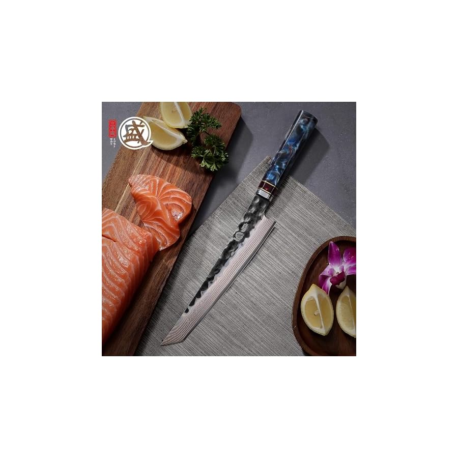 MITSUMOTO SAKARI 8 inch Japanese Kiritsuke Chef Knife, Hand Forged VG-10 Damascus Kitchen Knife, Professional Meat Sushi Chef’s Knife (Blue Resin Handle & Sandalwood Box)