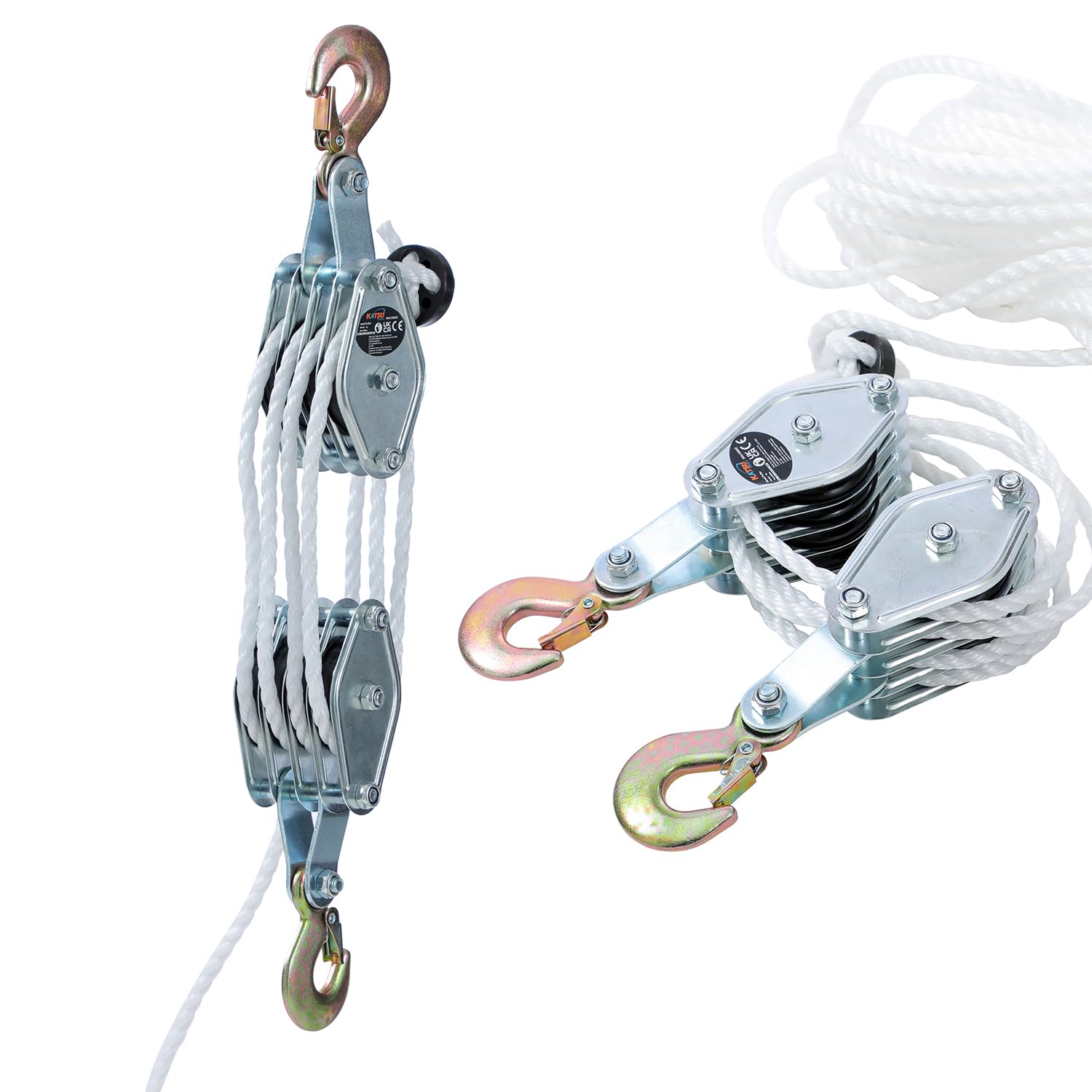 KATSU Tools Sistema di Carrucole per Sollevamento, Resistenza 4400lbs, Corda in Nylon 20m x 8mm, Ganci in Acciaio, per Garage e Costruzioni