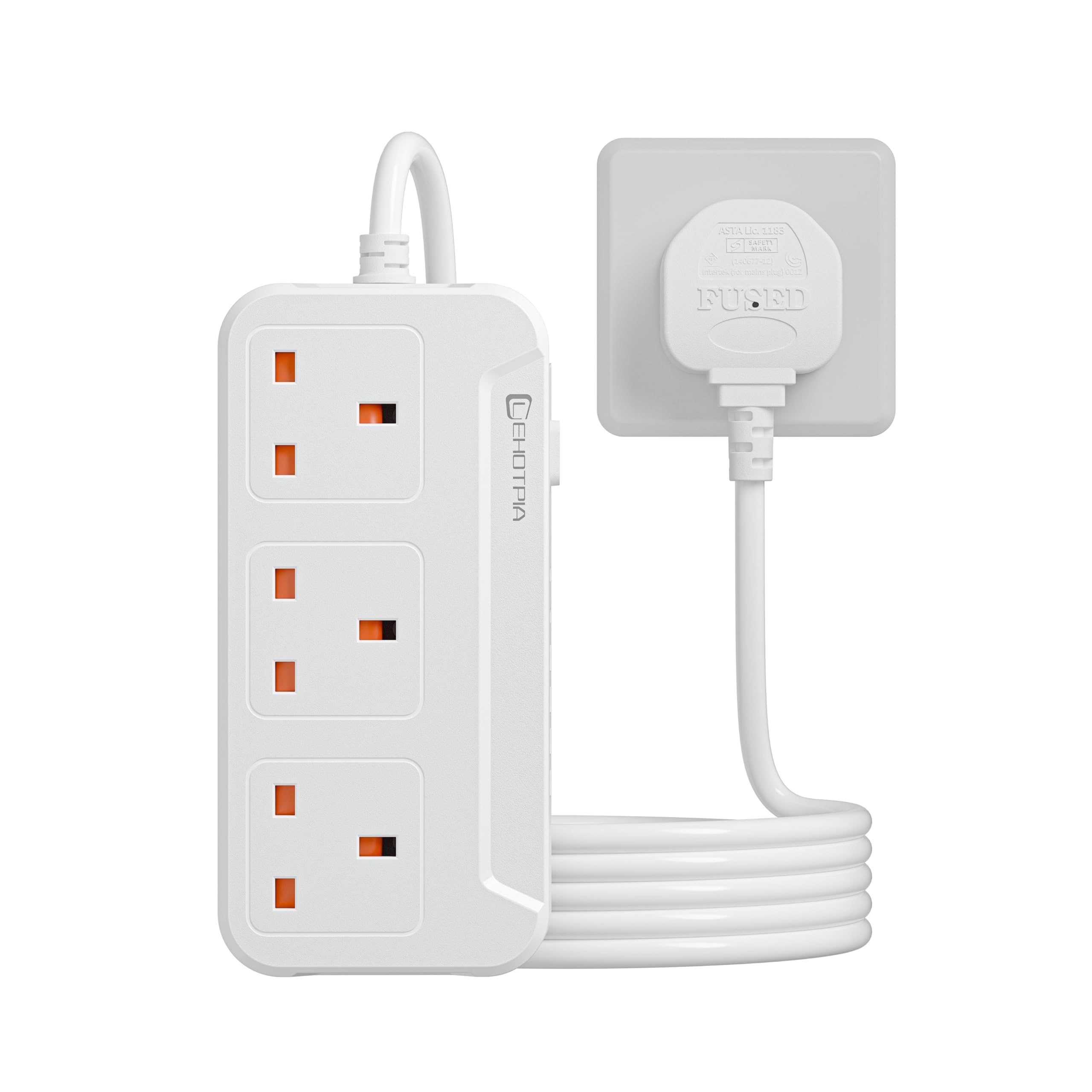 LEHOTPIA Extension Lead with USB Slots, 3 Way Sockets Outlets 6 USB Ports, 10A/2500W 1.8M Extention Cable with Child Safety Door Power Strips, UK Multi Plug Adapter Electrical Cords(White)