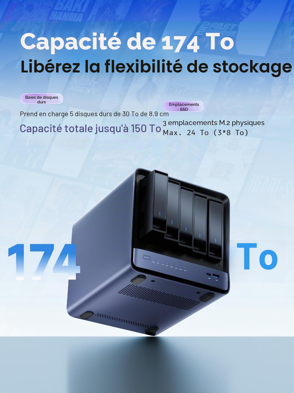MINISFORUM N5 Air NAS de Bureau à 5 Baies, processeur AMD Ryzen 7 255 (8C/16T), Barebone, Dual DDR5 Slots Jusqu'à 96 Go, 1x 10GbE, 1x 5GbE, 2 Ports USB 4.0 (8K), HDMI 8K, OCuLink, 3xM.2 Slot
