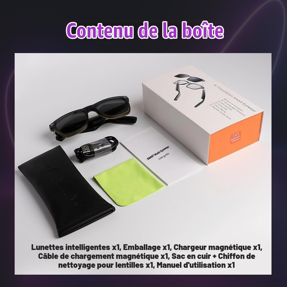 Lunettes Intelligentes avec haut-parleur Bluetooth, Lunettes de Soleil Polarisées Magnétiques avec Contrôle Tactile Protection UV, Audio HD, Télécommande Photo, Anti-Lumière Bleue