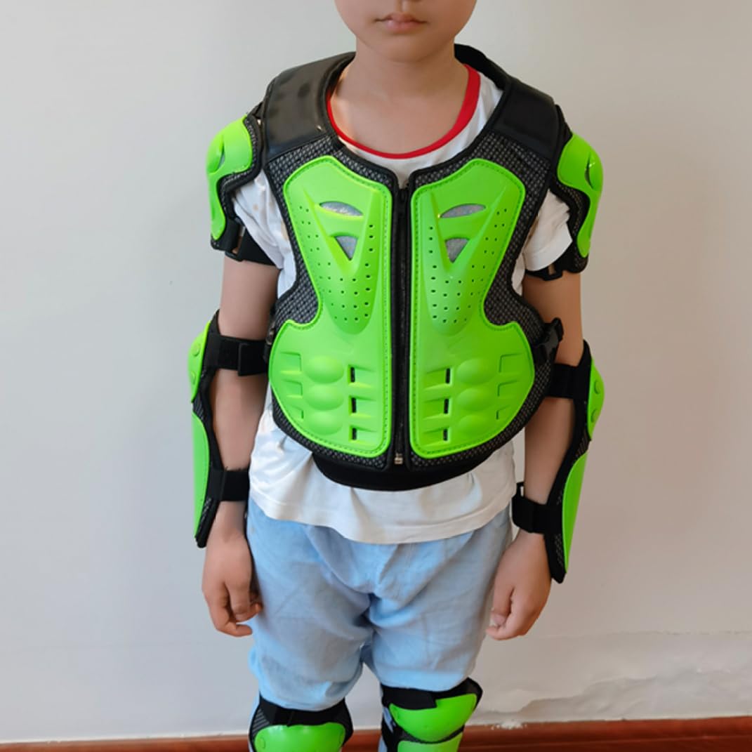 Armadura Corporal de Motocicleta Verde Durante 5-13 años, Armadura Corporal, Chaleco de Armadura Corporal de Motocross para niños con Almohadilla de Rodilla y Almohadilla de molienda de Motocicleta